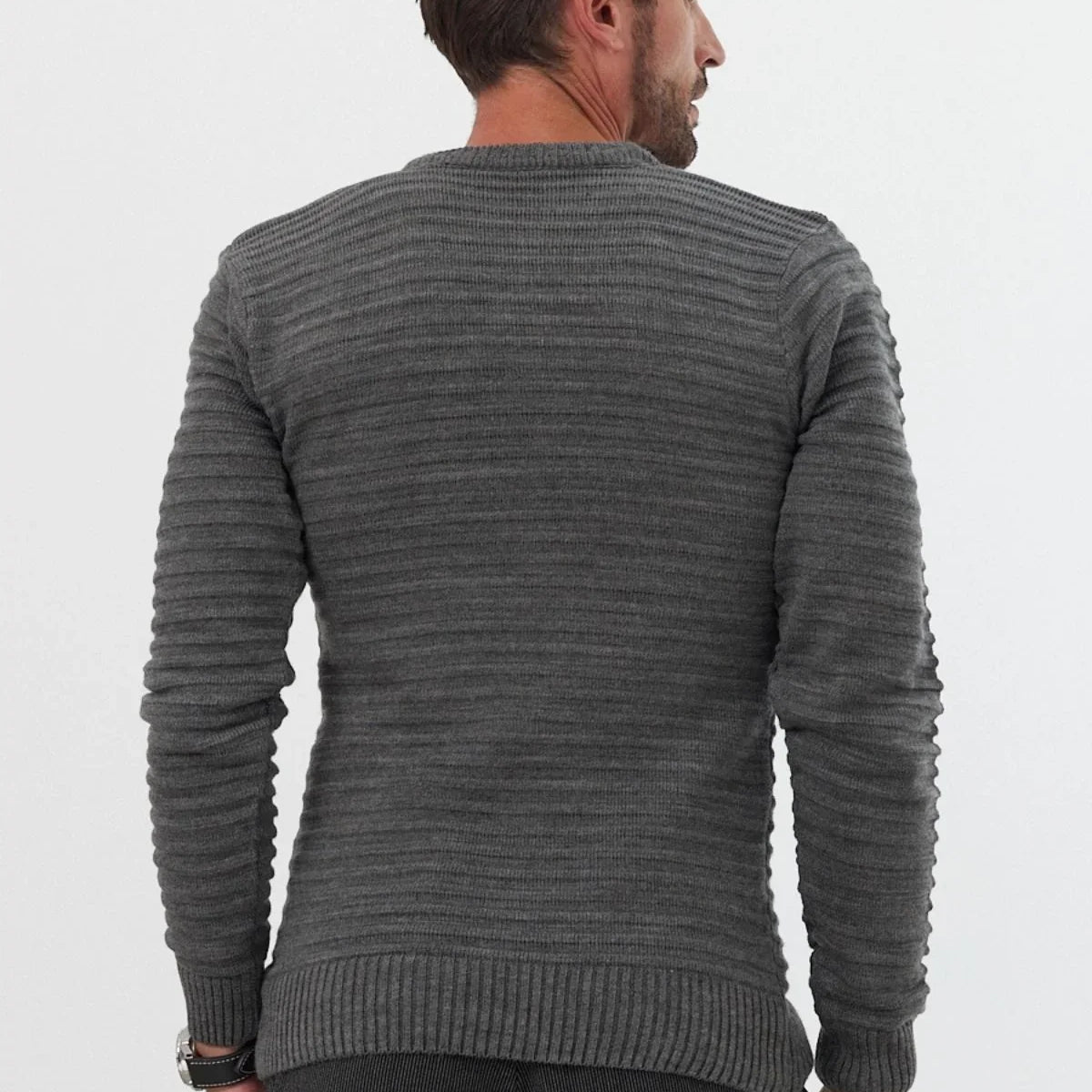 Erkek Bisiklet Yaka Slim Fit Kendinden Çizgili Desenli Triko Kazak