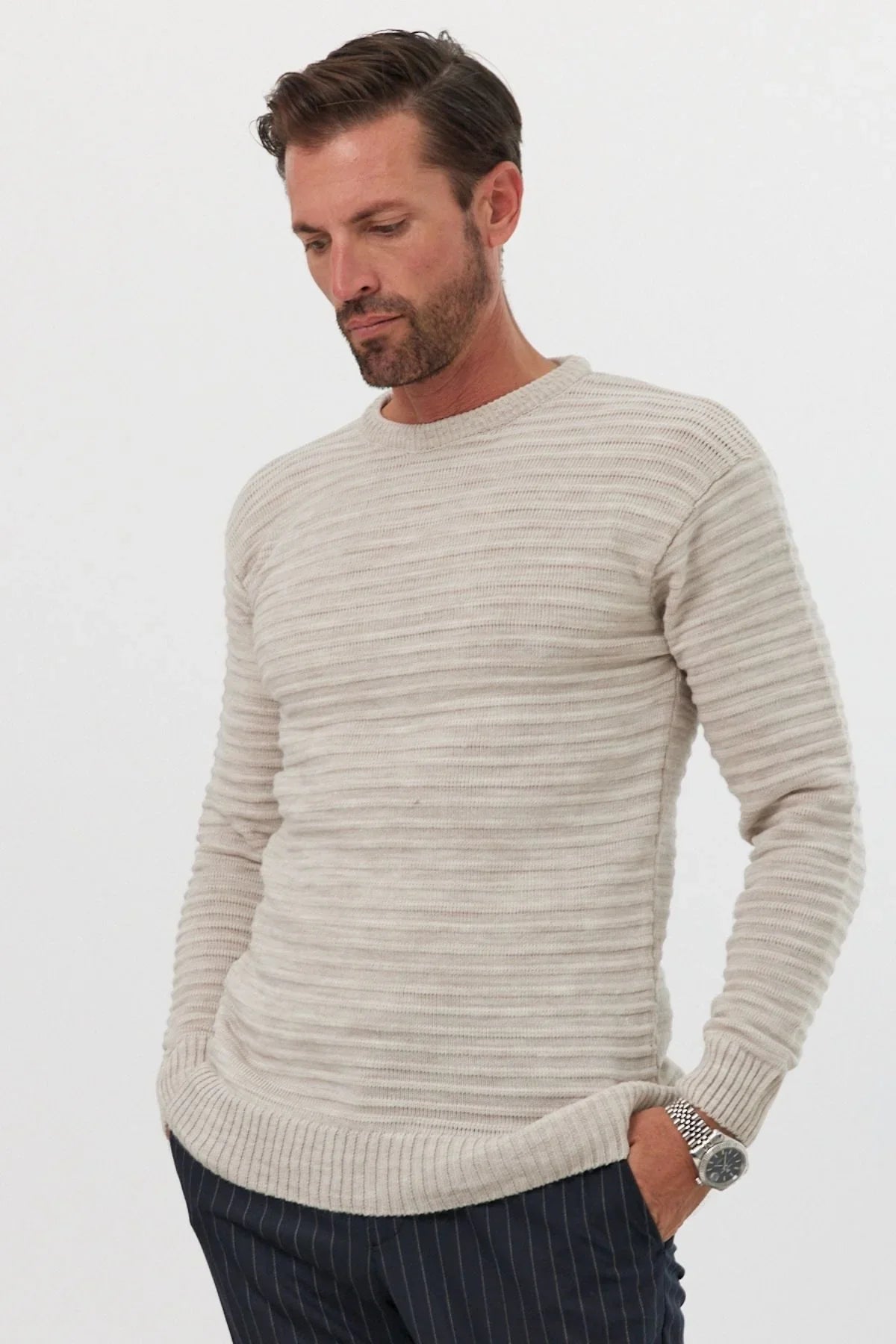 Erkek Bisiklet Yaka Slim Fit Kendinden Çizgili Desenli Triko Kazak - Livio Ferri