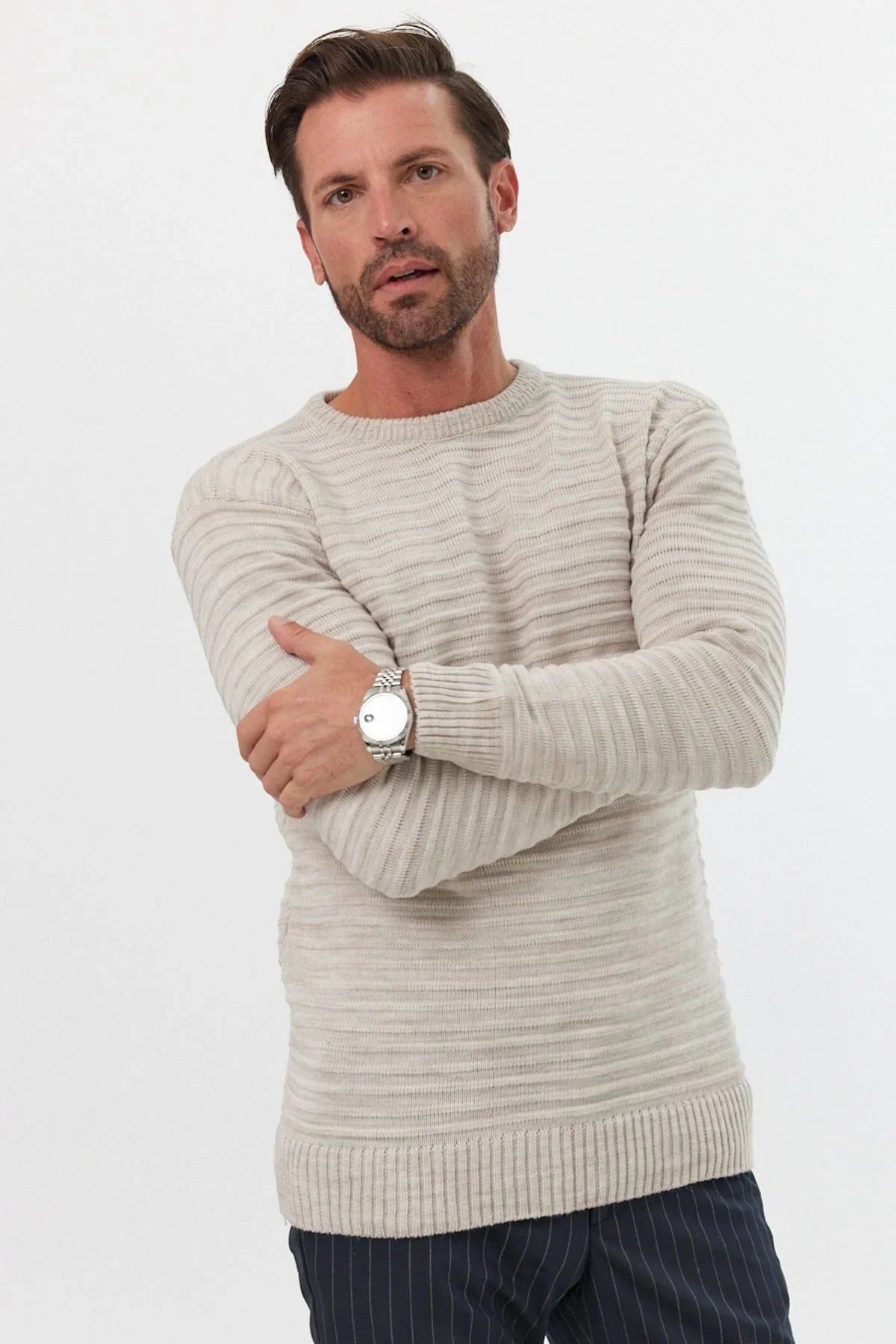 Erkek Bisiklet Yaka Slim Fit Kendinden Çizgili Desenli Triko Kazak - Livio Ferri