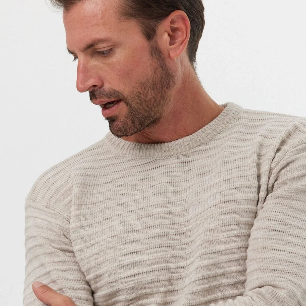 Erkek Bisiklet Yaka Slim Fit Kendinden Çizgili Desenli Triko Kazak - Livio Ferri