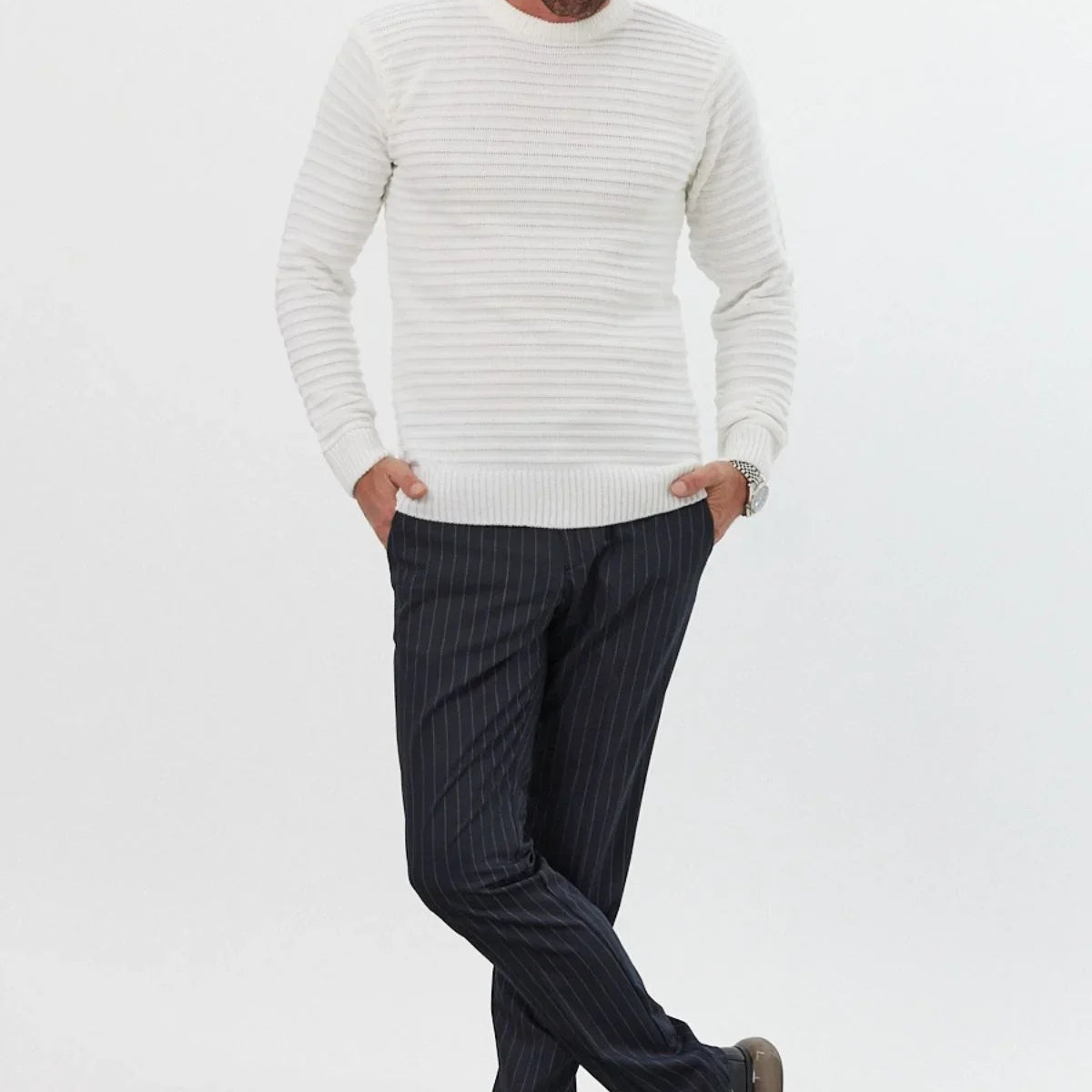 Erkek Bisiklet Yaka Slim Fit Kendinden Çizgili Desenli Triko Kazak - Livio Ferri