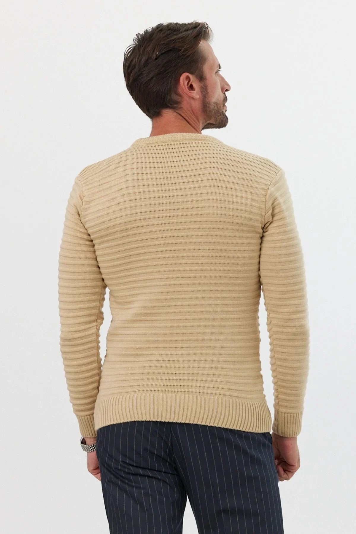 Erkek Bisiklet Yaka Slim Fit Kendinden Çizgili Desenli Triko Kazak - Livio Ferri