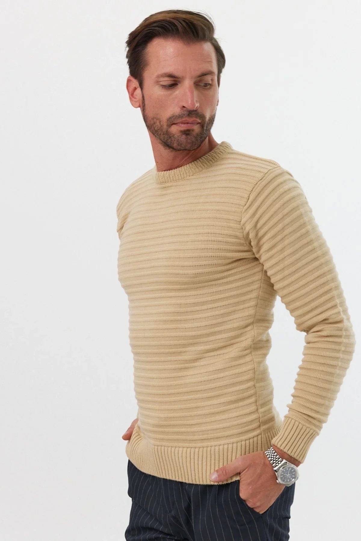 Erkek Bisiklet Yaka Slim Fit Kendinden Çizgili Desenli Triko Kazak - Livio Ferri