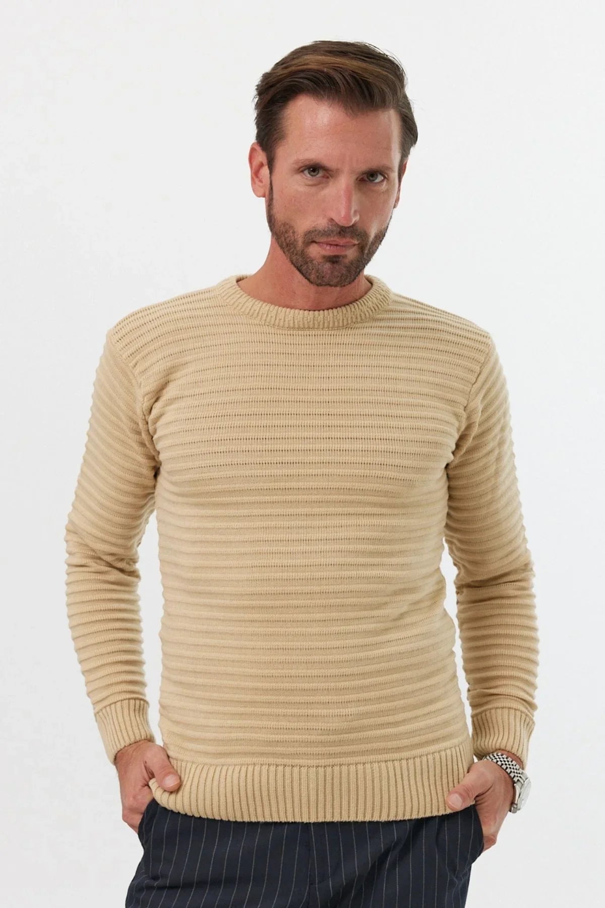 Erkek Bisiklet Yaka Slim Fit Kendinden Çizgili Desenli Triko Kazak - Livio Ferri