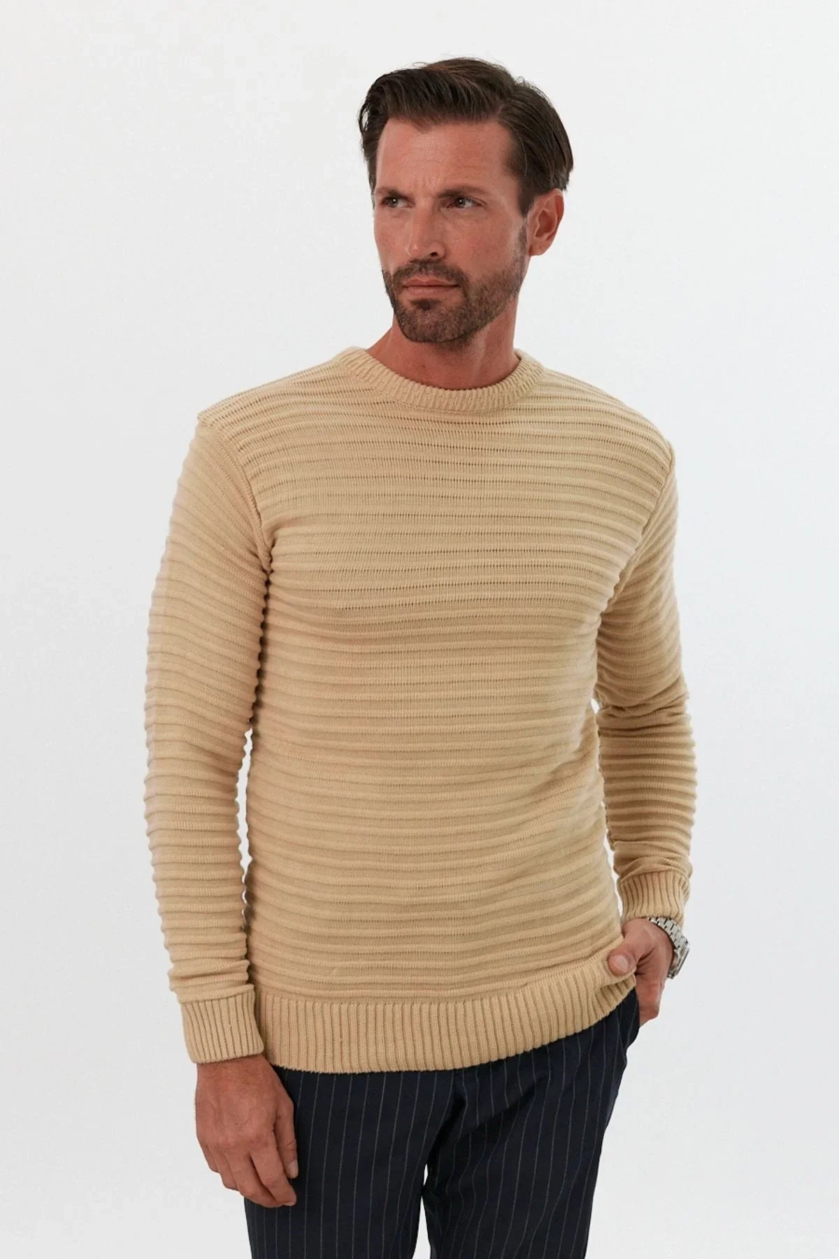 Erkek Bisiklet Yaka Slim Fit Kendinden Çizgili Desenli Triko Kazak - Livio Ferri