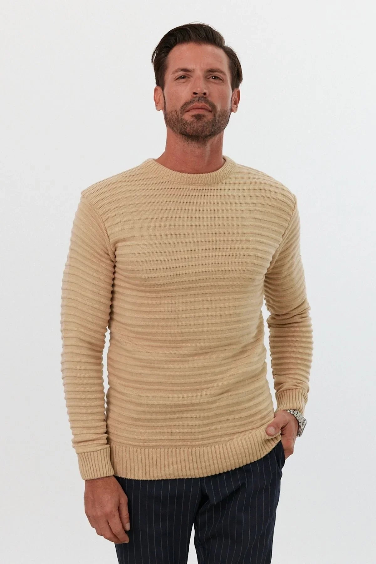 Erkek Bisiklet Yaka Slim Fit Kendinden Çizgili Desenli Triko Kazak - Livio Ferri