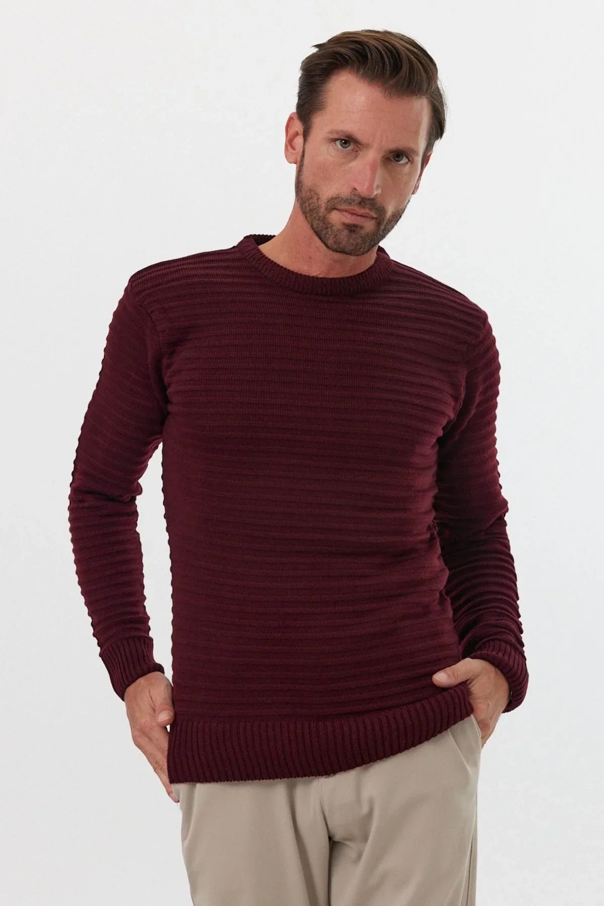 Erkek Bisiklet Yaka Slim Fit Kendinden Çizgili Desenli Triko Kazak - Livio Ferri