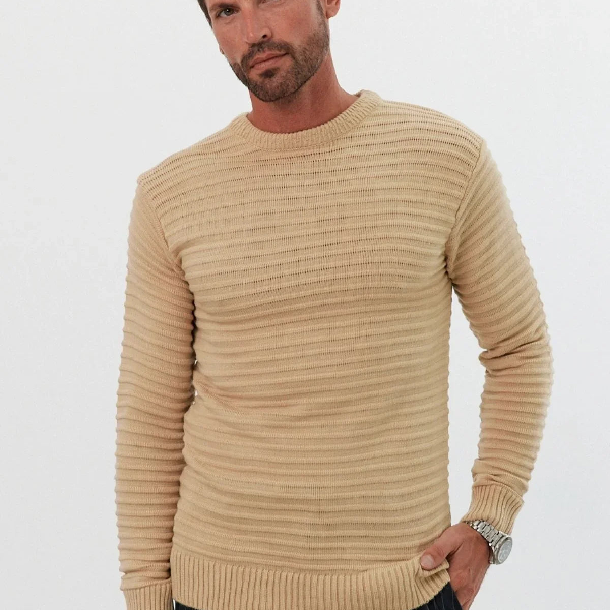 Erkek Bisiklet Yaka Slim Fit Kendinden Çizgili Desenli Triko Kazak