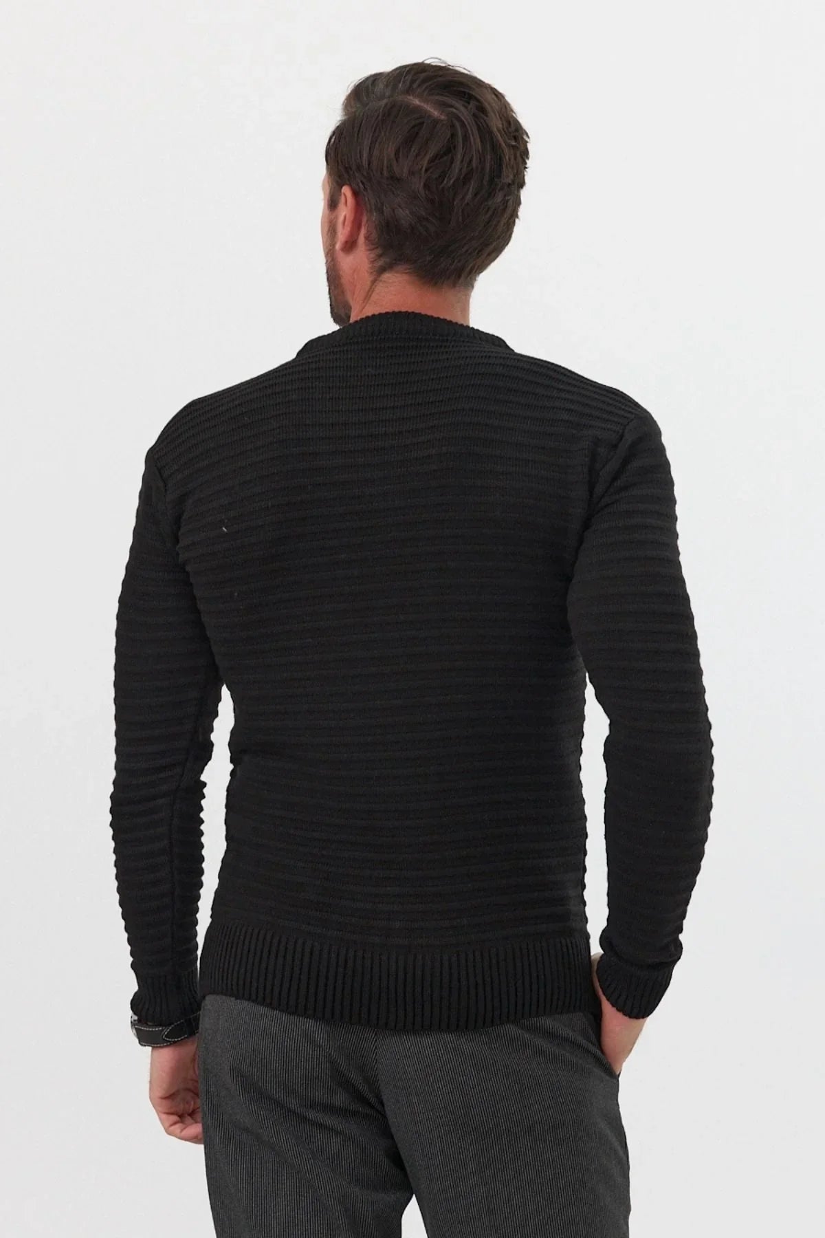 Erkek Bisiklet Yaka Slim Fit Kendinden Çizgili Desenli Triko Kazak - Livio Ferri