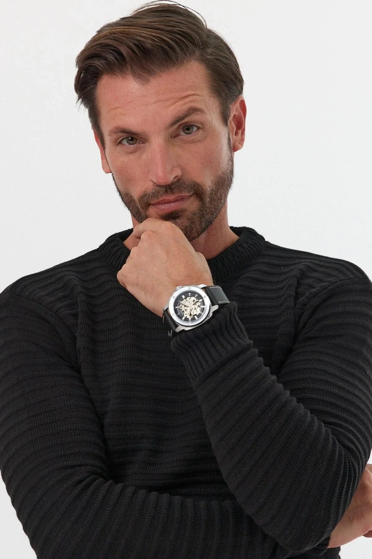 Erkek Bisiklet Yaka Slim Fit Kendinden Çizgili Desenli Triko Kazak - Livio Ferri