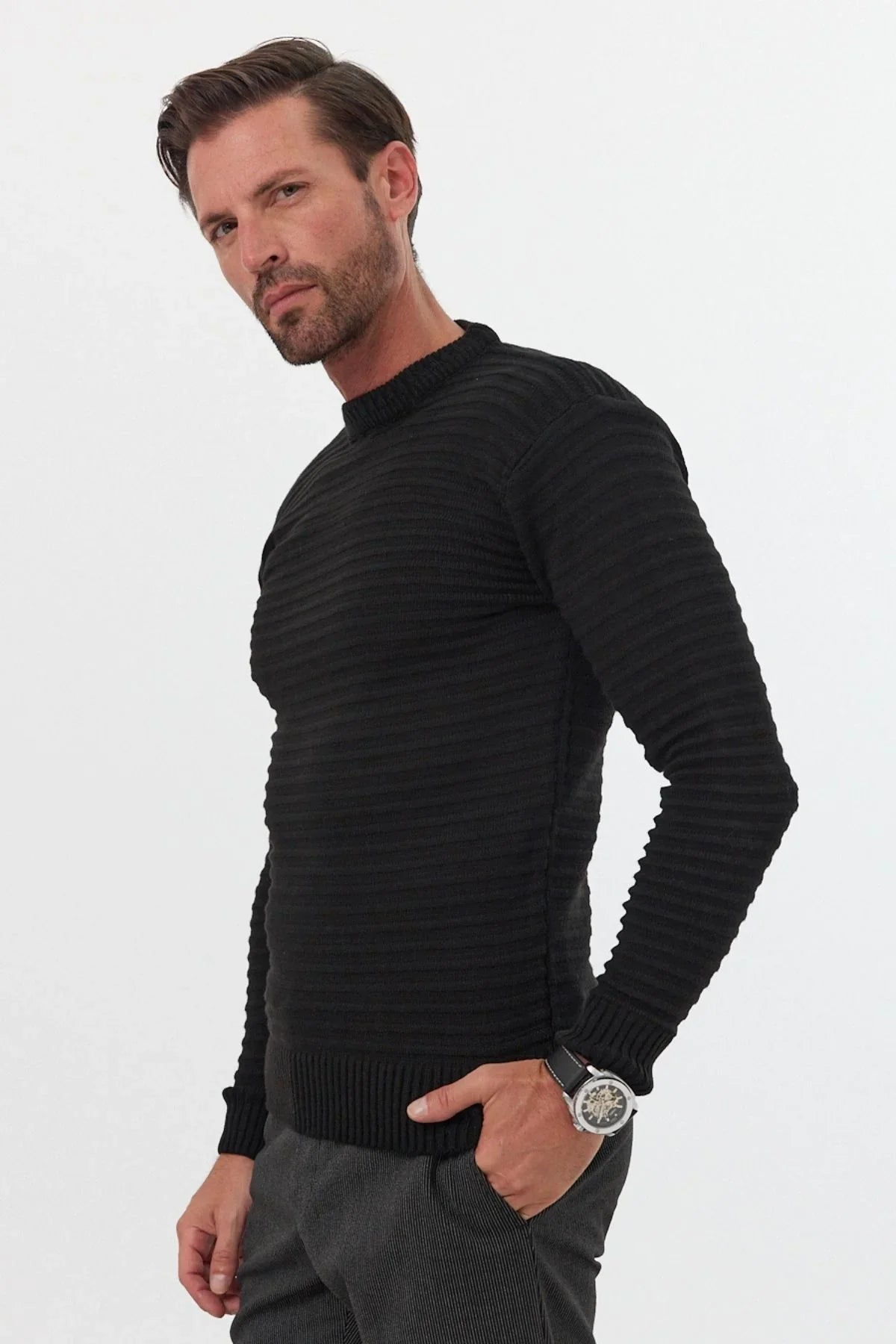 Erkek Bisiklet Yaka Slim Fit Kendinden Çizgili Desenli Triko Kazak - Livio Ferri