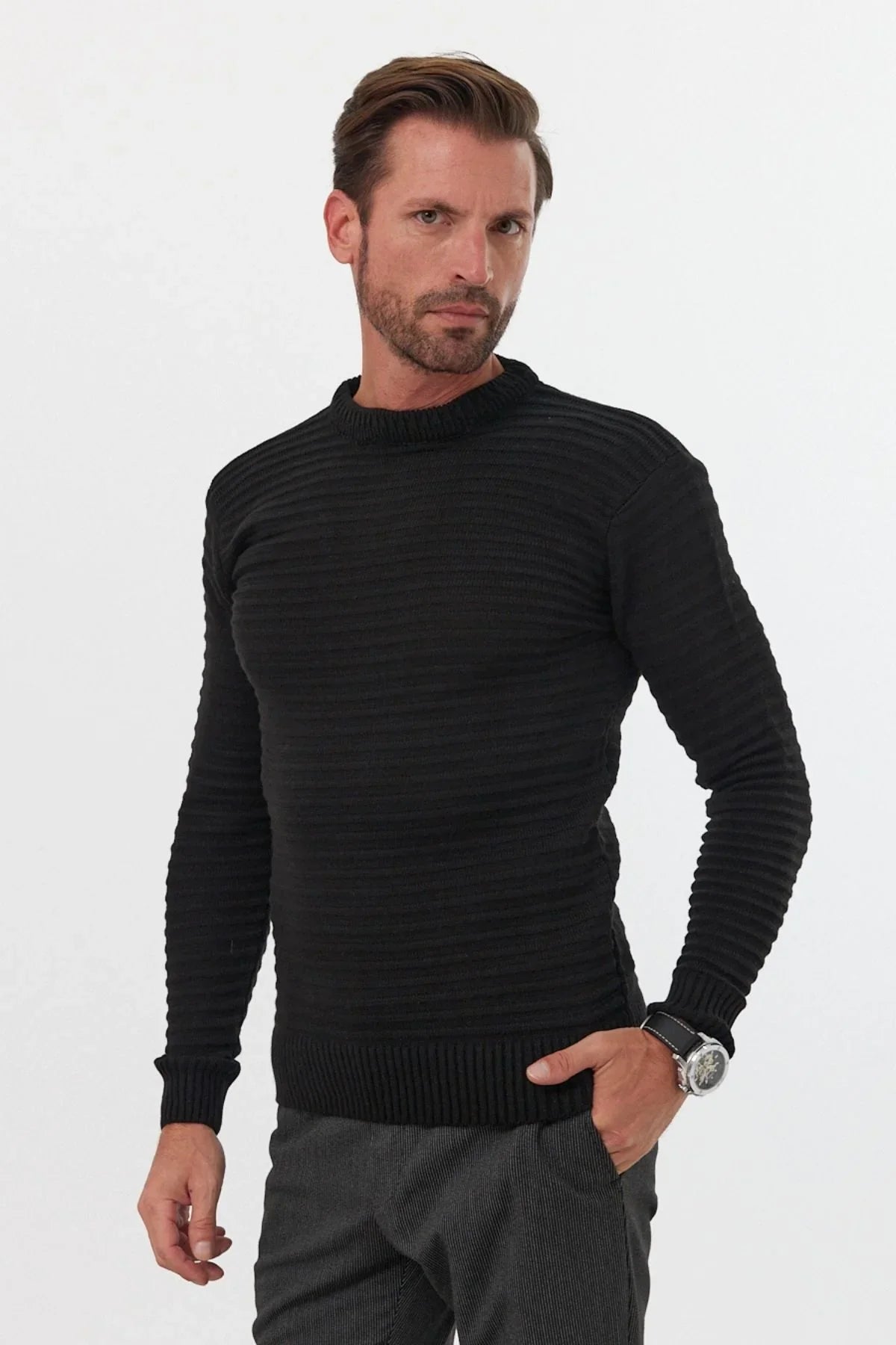 Erkek Bisiklet Yaka Slim Fit Kendinden Çizgili Desenli Triko Kazak - Livio Ferri