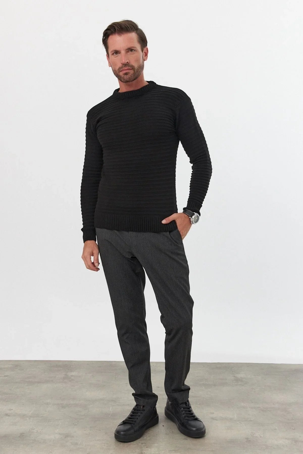 Erkek Bisiklet Yaka Slim Fit Kendinden Çizgili Desenli Triko Kazak - Livio Ferri