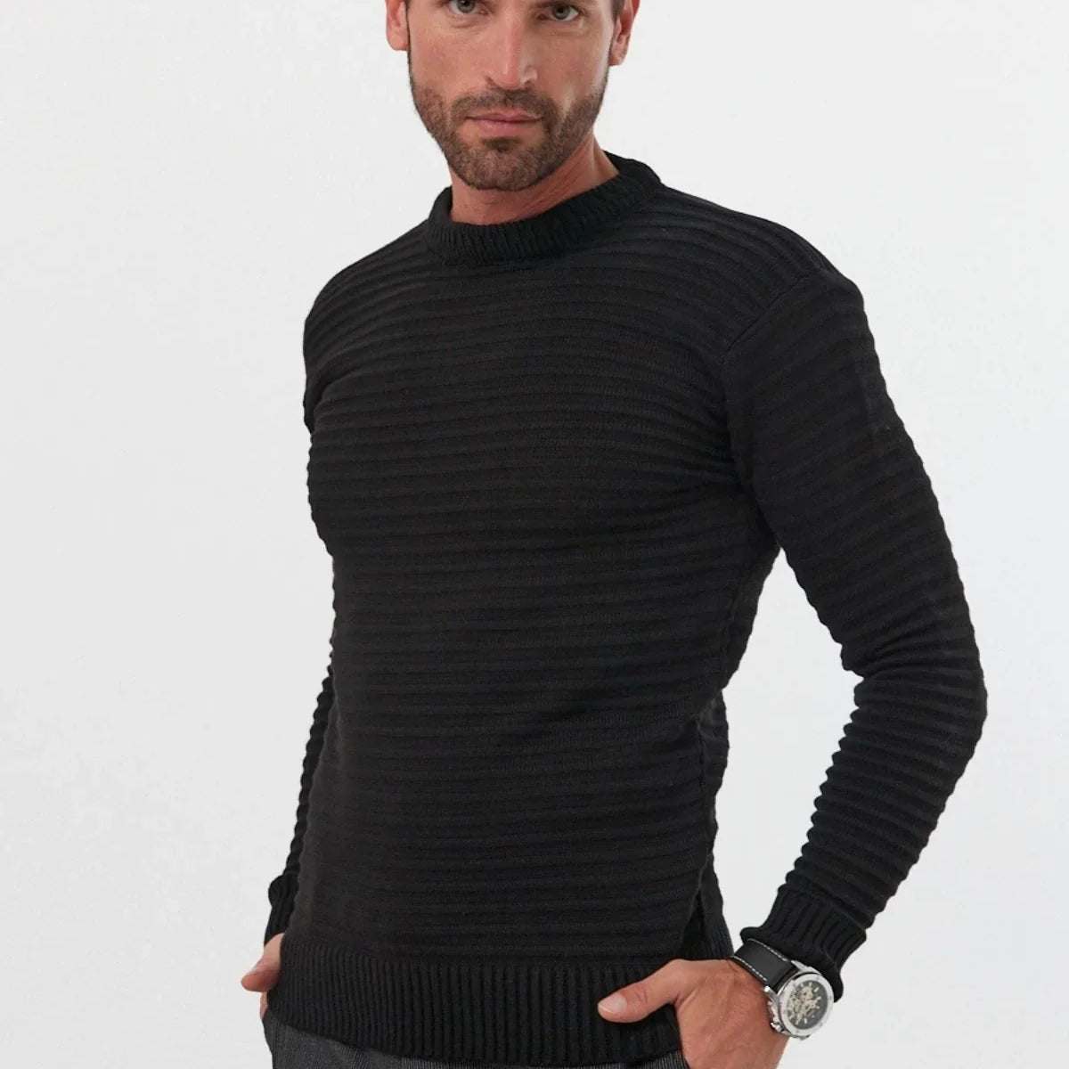 Erkek Bisiklet Yaka Slim Fit Kendinden Çizgili Desenli Triko Kazak