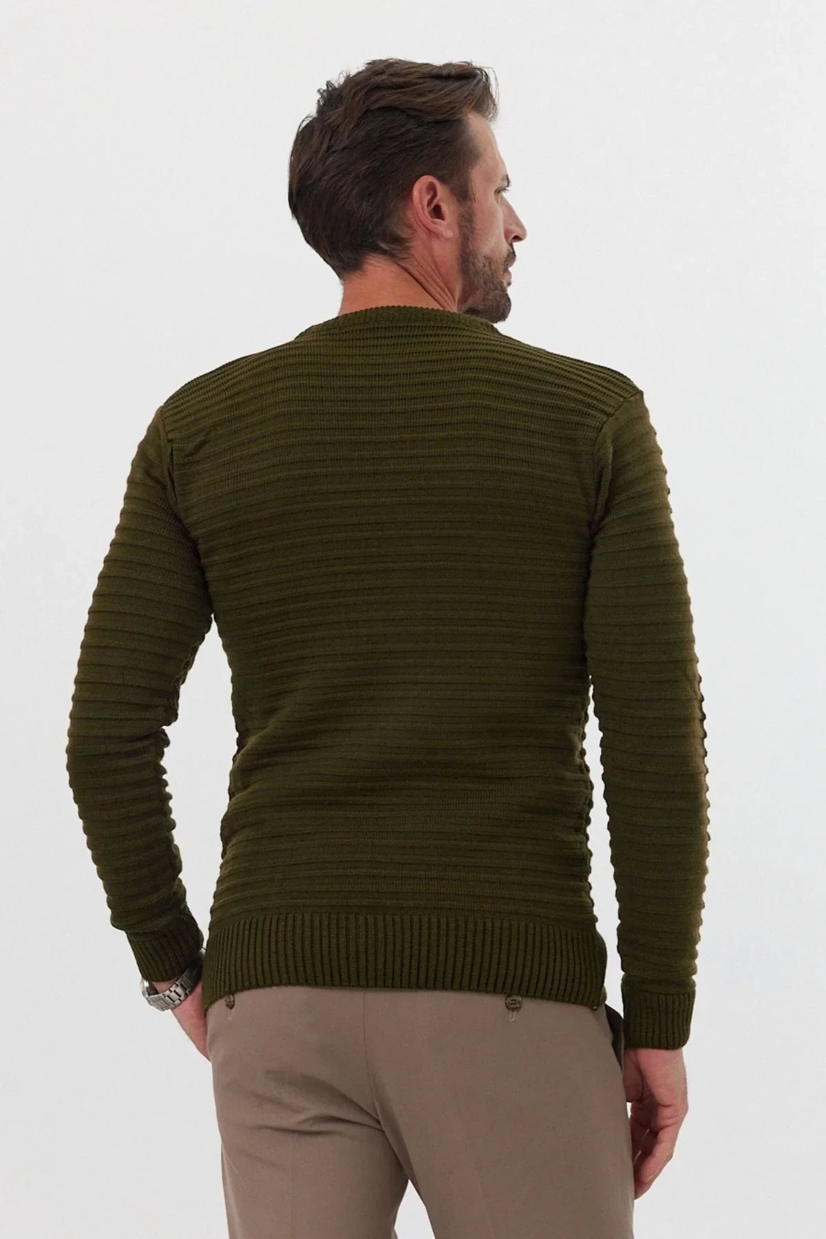 Erkek Bisiklet Yaka Slim Fit Kendinden Çizgili Desenli Triko Kazak - Livio Ferri