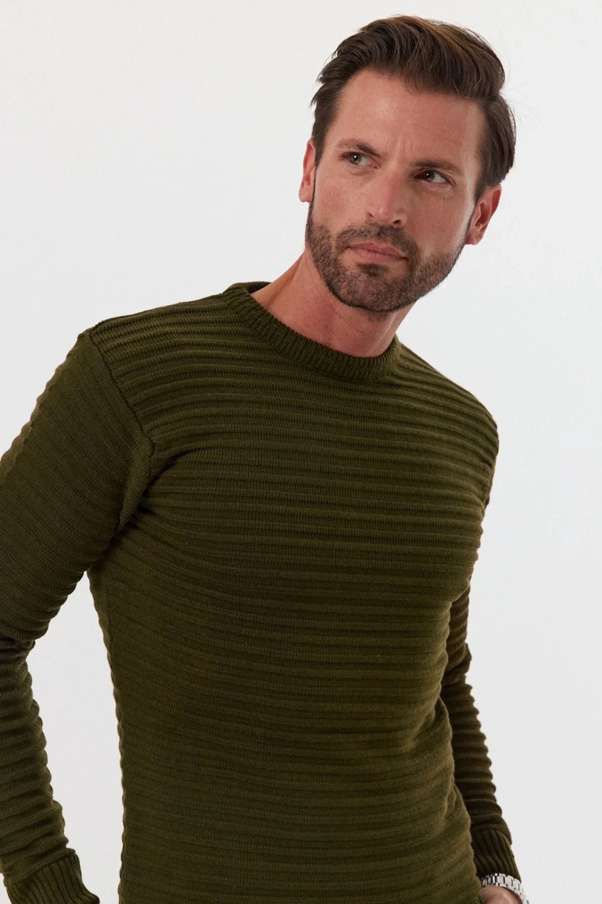 Erkek Bisiklet Yaka Slim Fit Kendinden Çizgili Desenli Triko Kazak - Livio Ferri