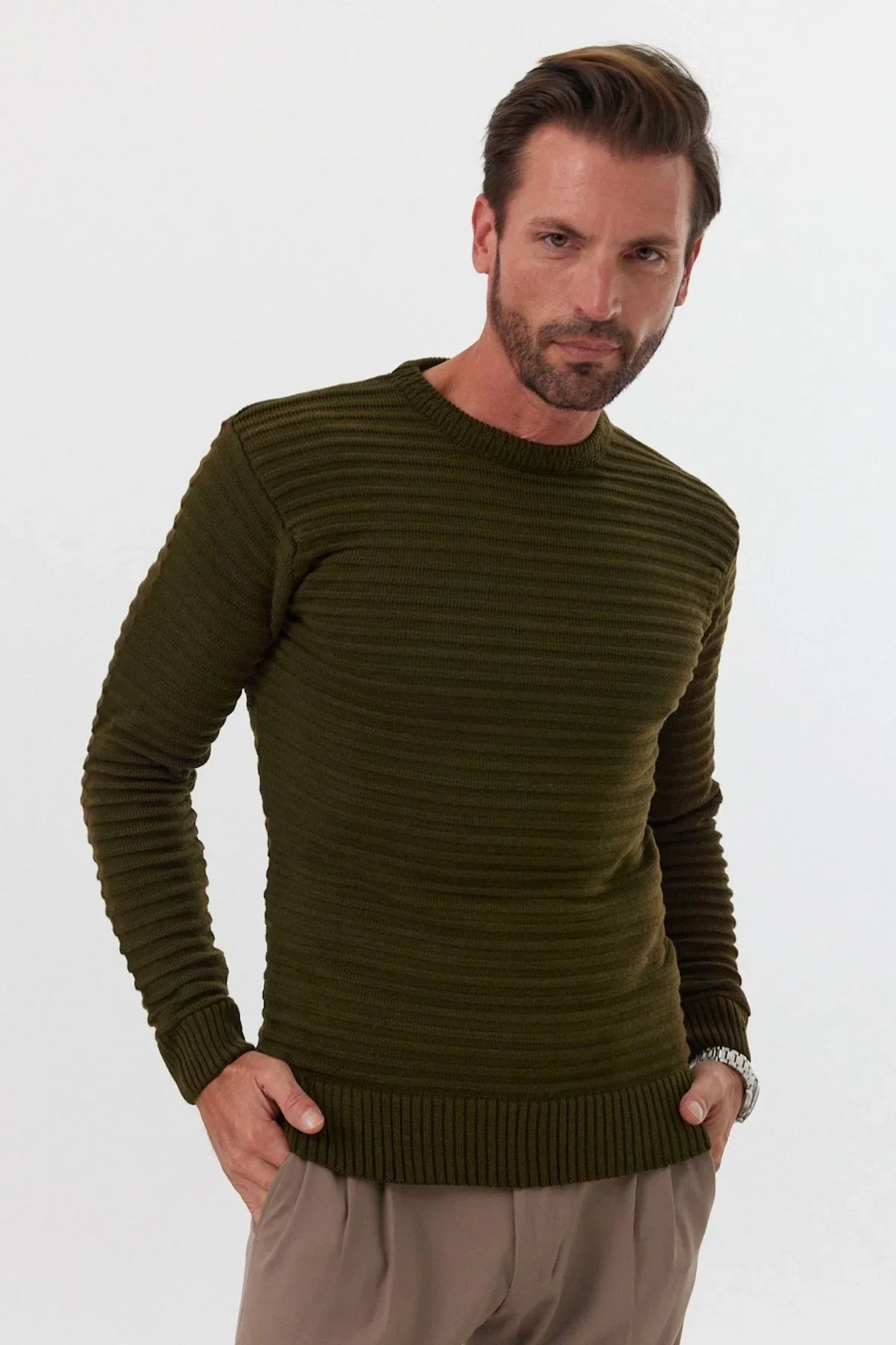 Erkek Bisiklet Yaka Slim Fit Kendinden Çizgili Desenli Triko Kazak - Livio Ferri