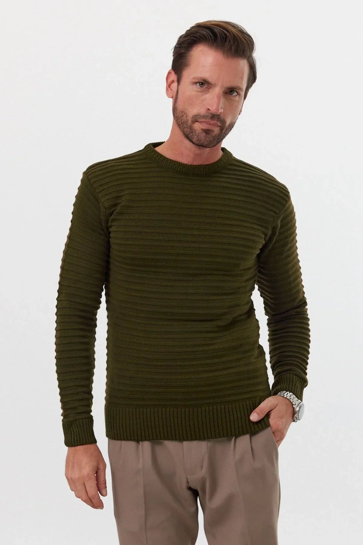 Erkek Bisiklet Yaka Slim Fit Kendinden Çizgili Desenli Triko Kazak - Livio Ferri