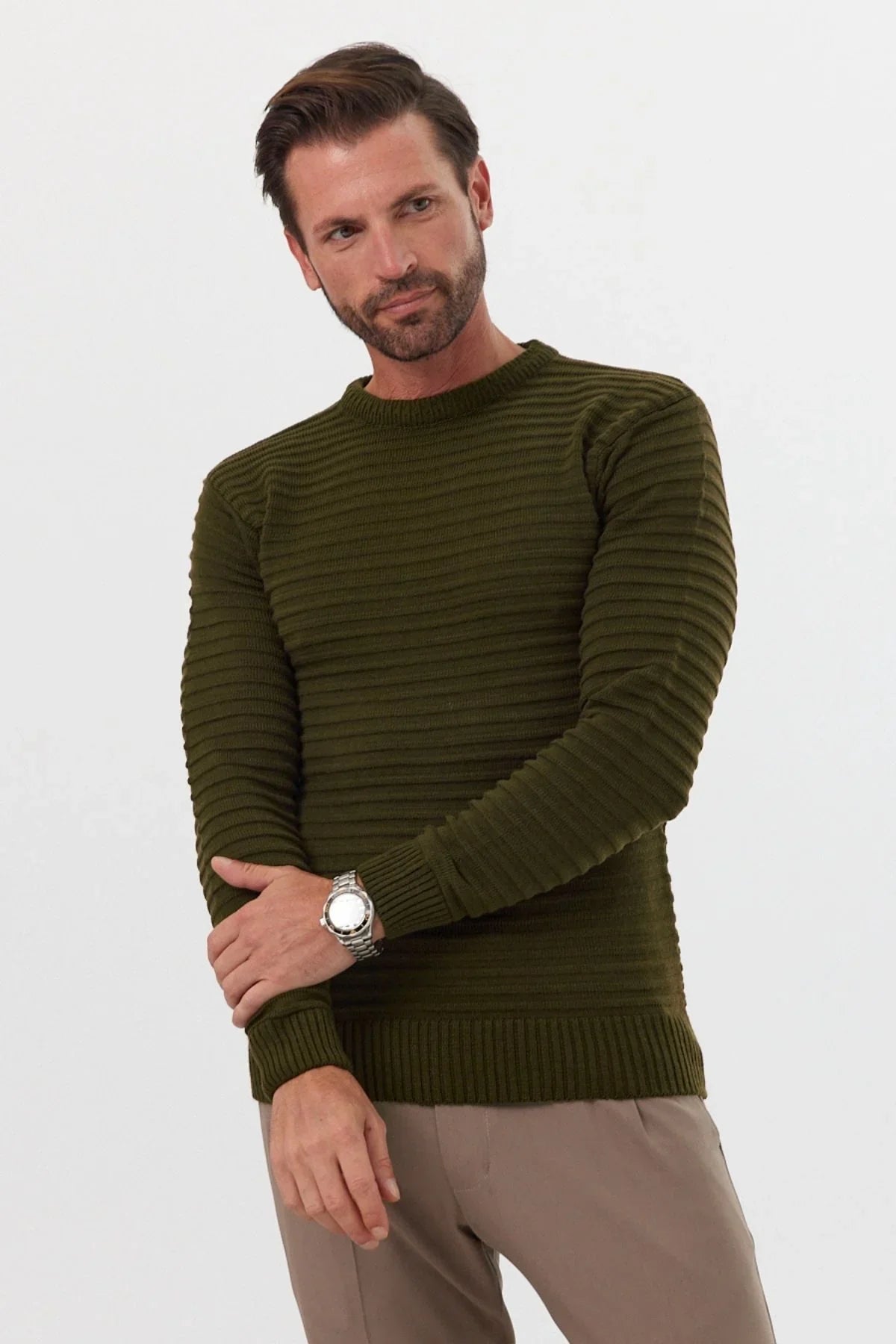 Erkek Bisiklet Yaka Slim Fit Kendinden Çizgili Desenli Triko Kazak - Livio Ferri