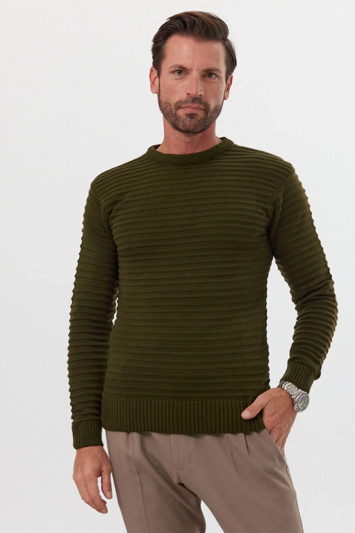 Erkek Bisiklet Yaka Slim Fit Kendinden Çizgili Desenli Triko Kazak - Livio Ferri