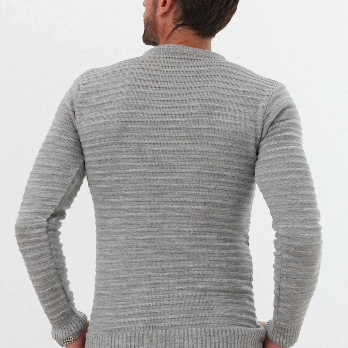 Erkek Bisiklet Yaka Slim Fit Kendinden Çizgili Desenli Triko Kazak