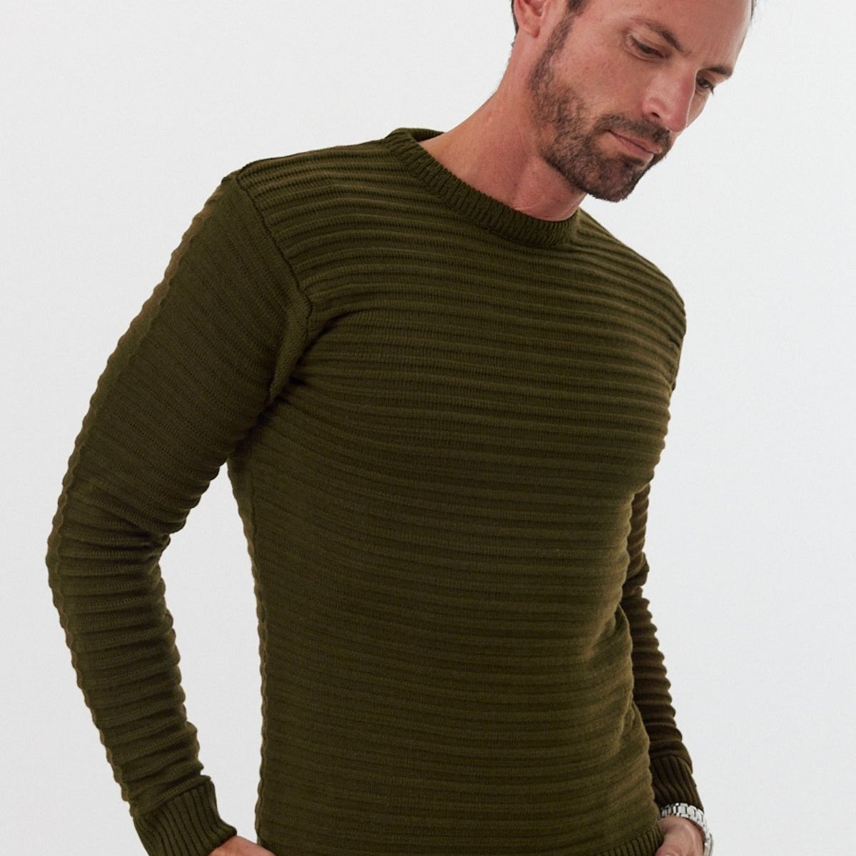 Erkek Bisiklet Yaka Slim Fit Kendinden Çizgili Desenli Triko Kazak