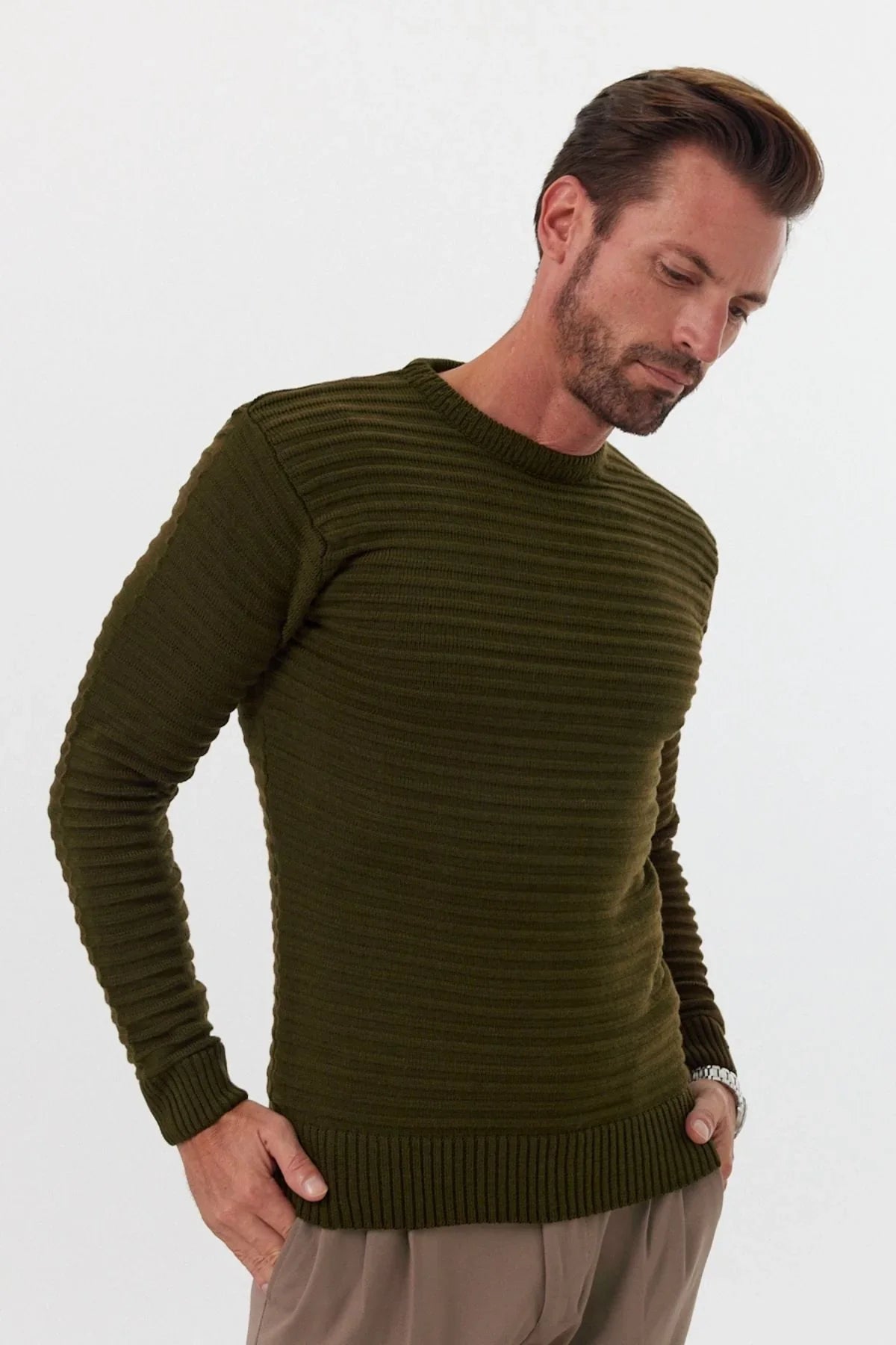 Erkek Bisiklet Yaka Slim Fit Kendinden Çizgili Desenli Triko Kazak - Livio Ferri