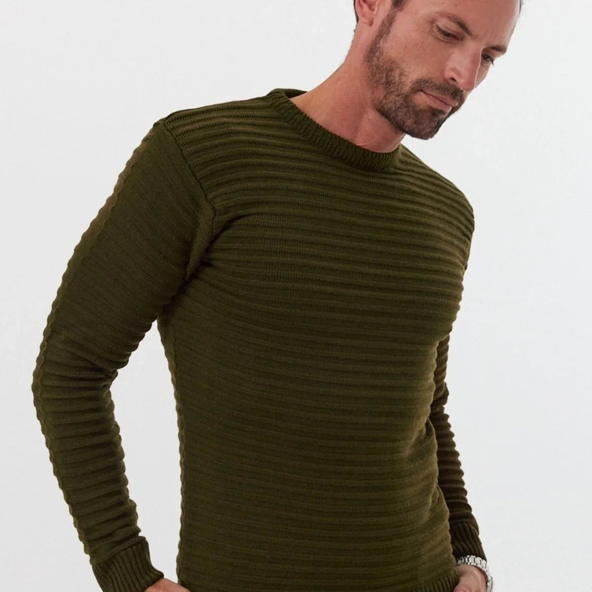 Erkek Bisiklet Yaka Slim Fit Kendinden Çizgili Desenli Triko Kazak