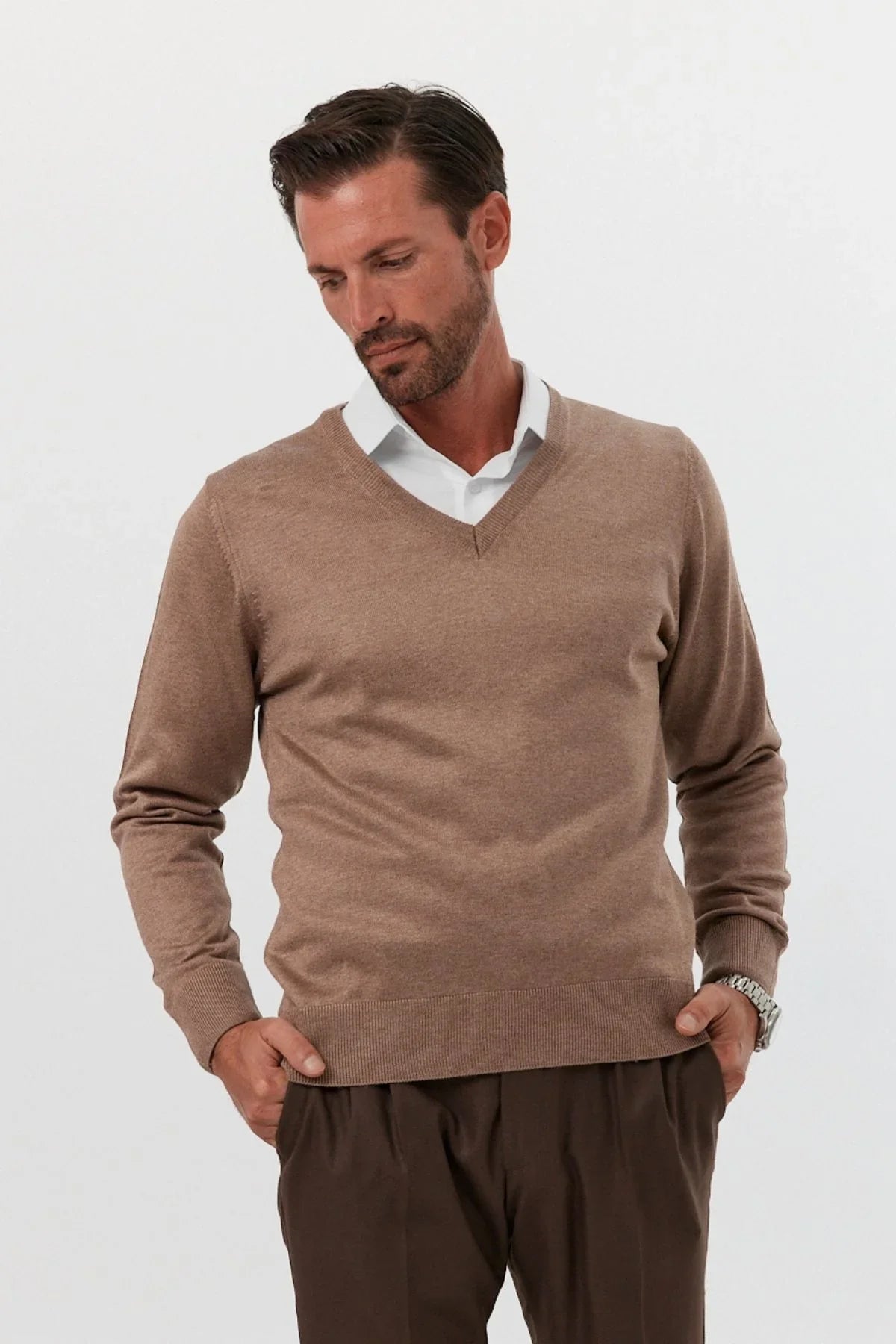 Erkek Büyük Beden Standart Fit Normal Kesim V Yaka Triko Kazak - Livio Ferri