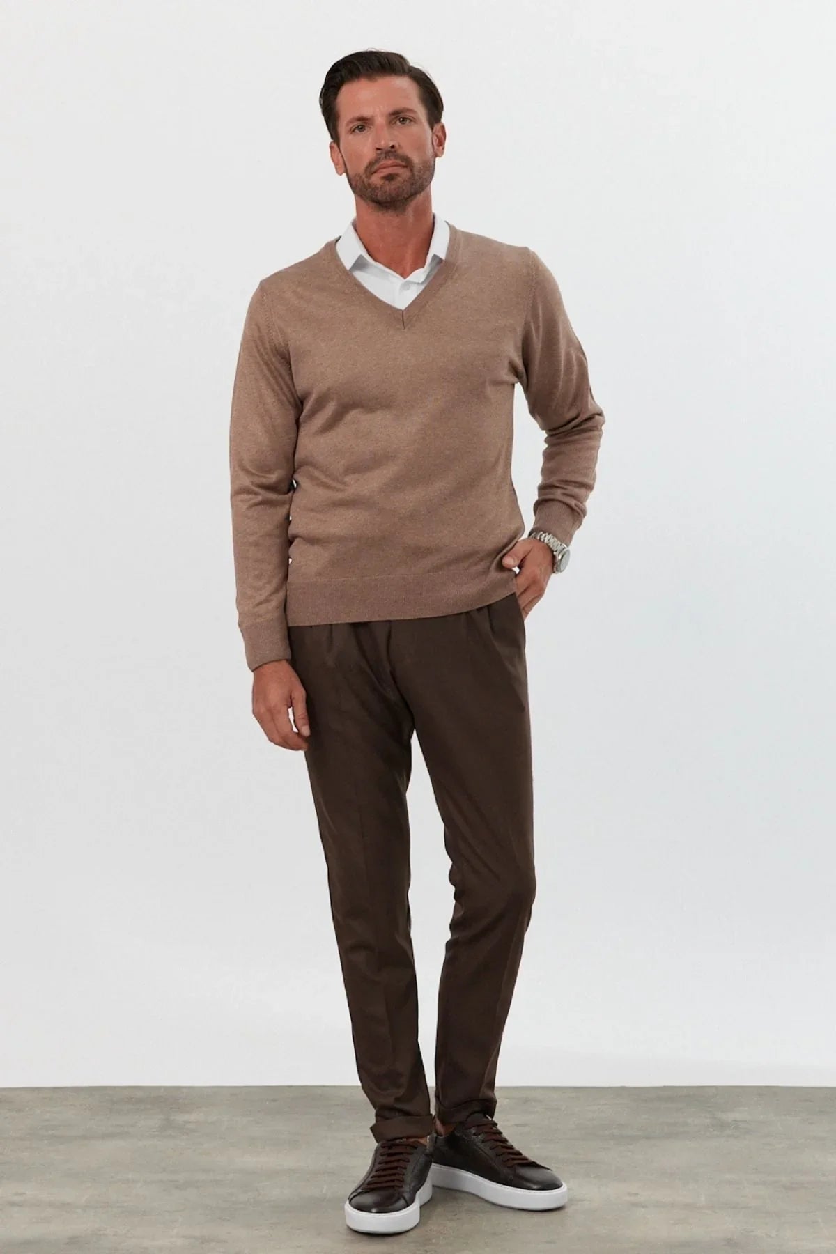 Erkek Büyük Beden Standart Fit Normal Kesim V Yaka Triko Kazak - Livio Ferri