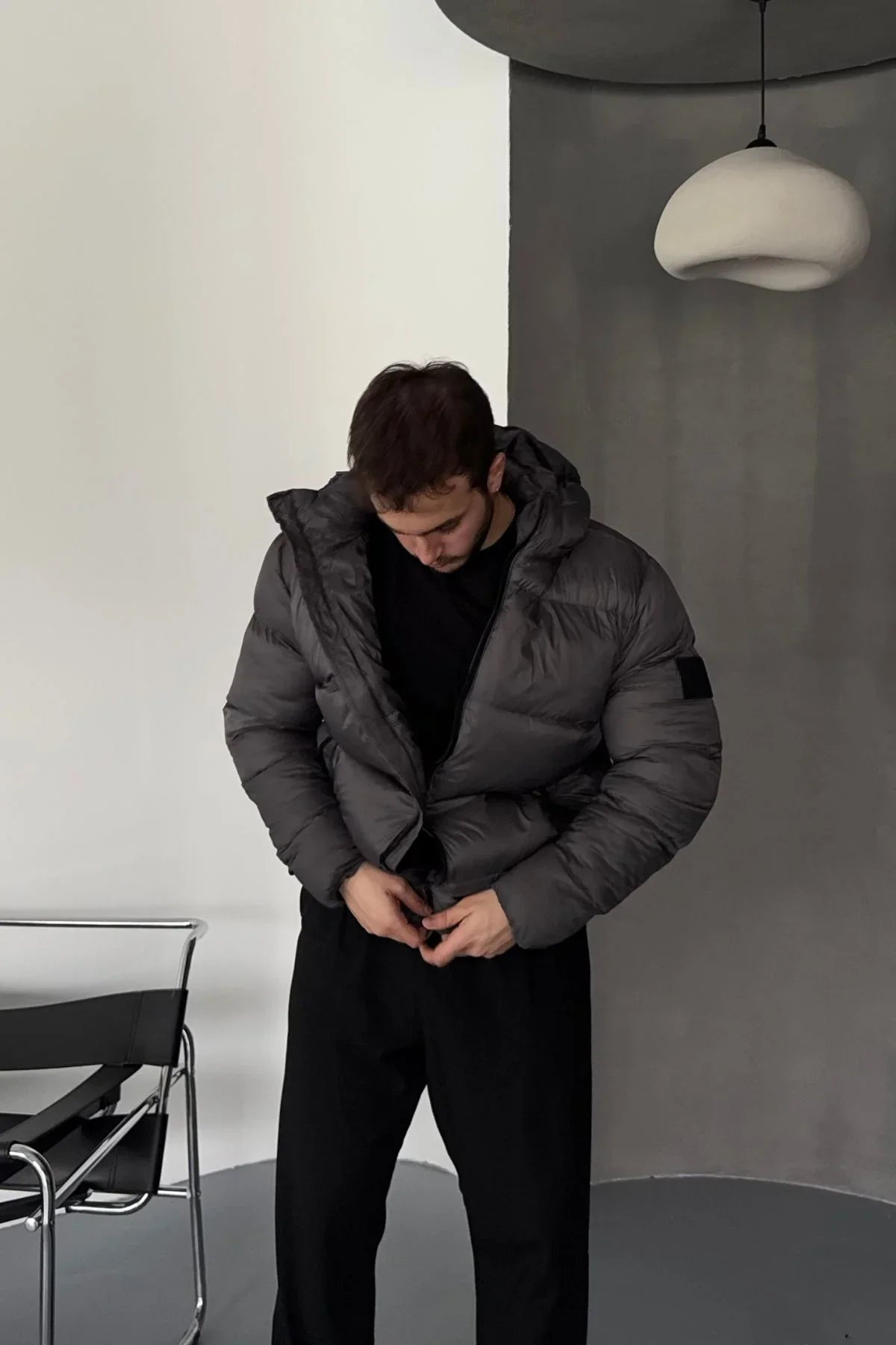 Erkek Kapüşonlu Fermuarlı Cepli Kışlık Şişme Kısa Mont - Livio Ferri