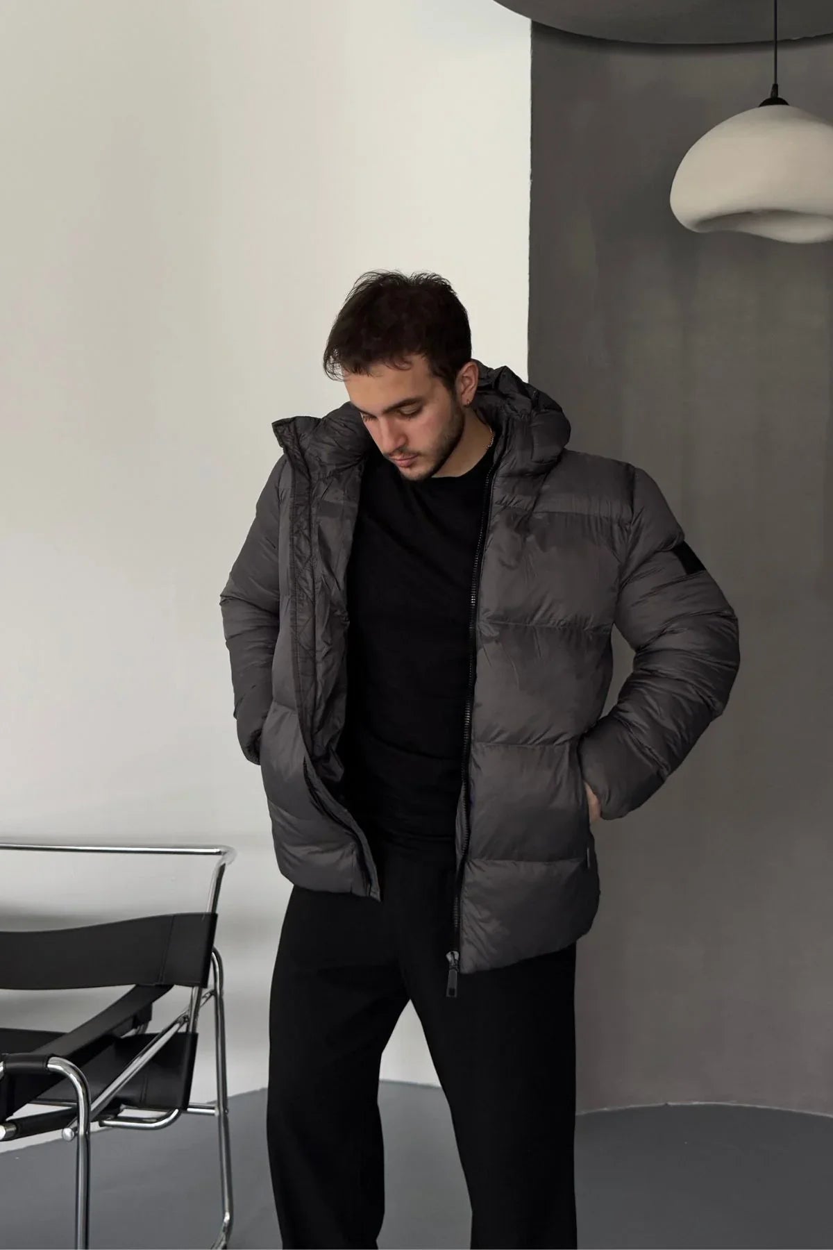 Erkek Kapüşonlu Fermuarlı Cepli Kışlık Şişme Kısa Mont - Livio Ferri