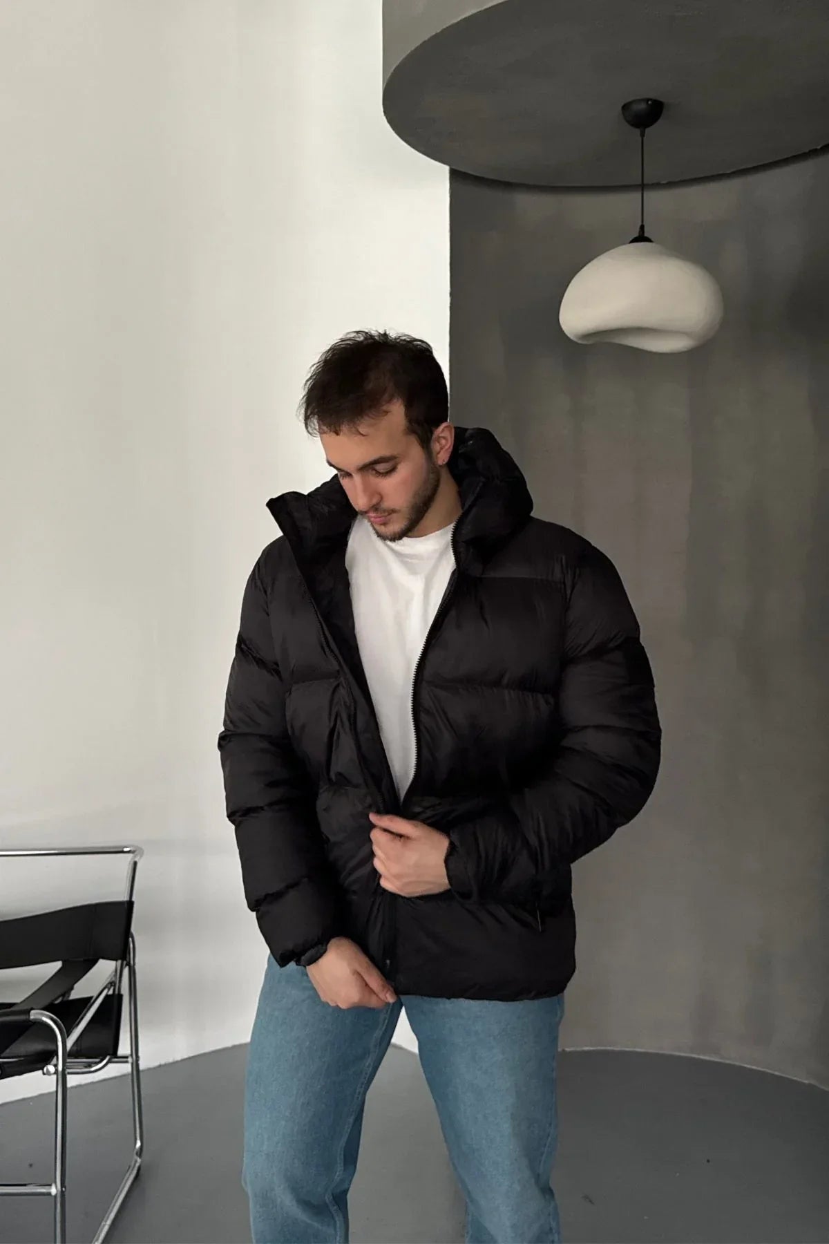 Erkek Kapüşonlu Fermuarlı Cepli Kışlık Şişme Kısa Mont - Livio Ferri