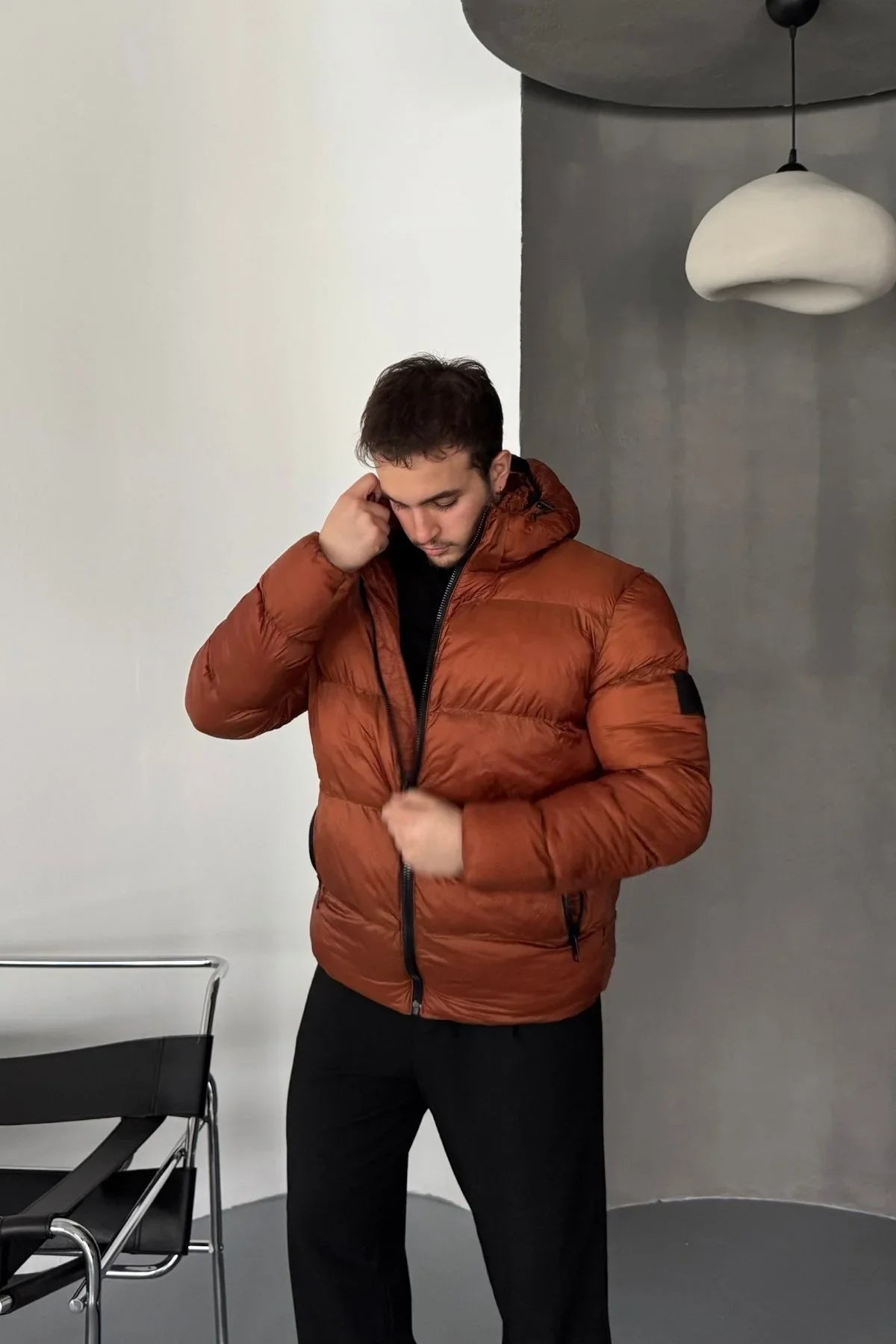 Erkek Kapüşonlu Fermuarlı Cepli Kışlık Şişme Kısa Mont - Livio Ferri
