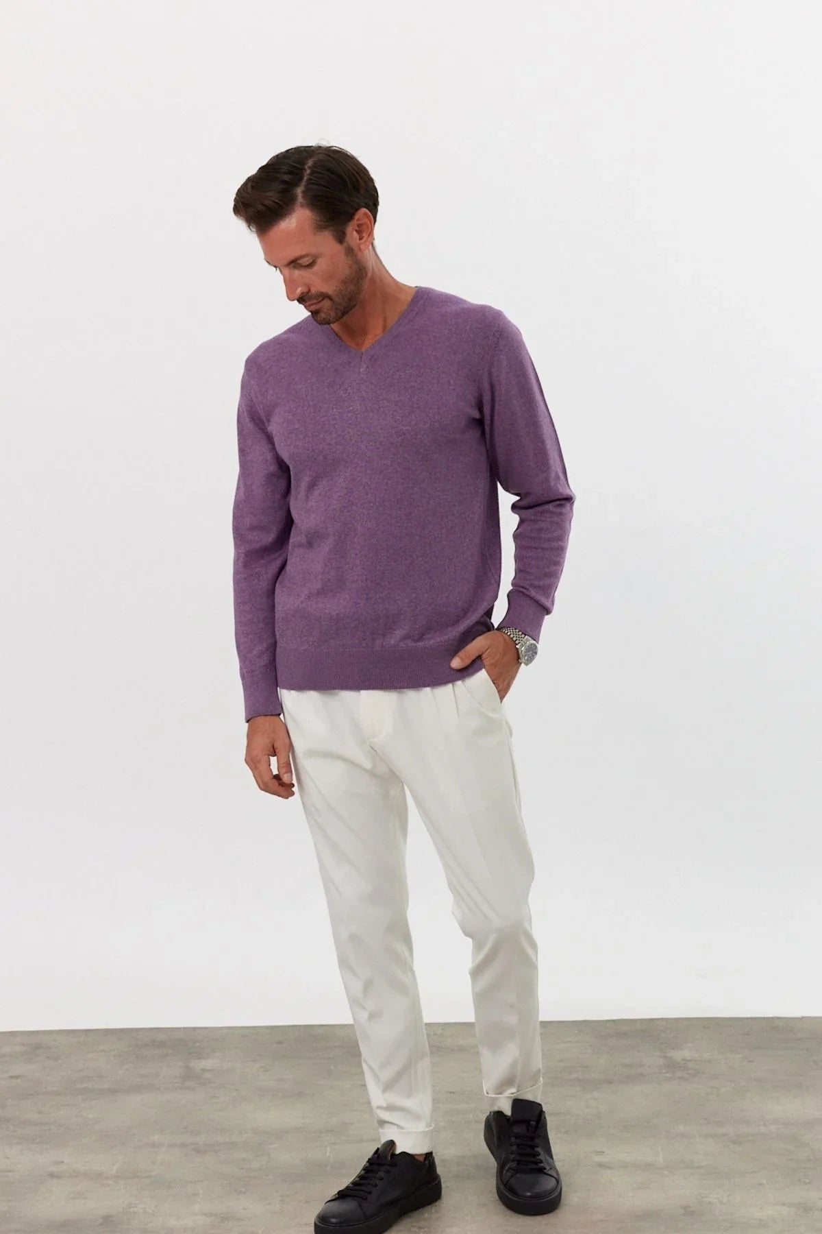 Erkek Pamuk V Yaka Standart Fit Normal Kesim Triko Kazak - Livio Ferri