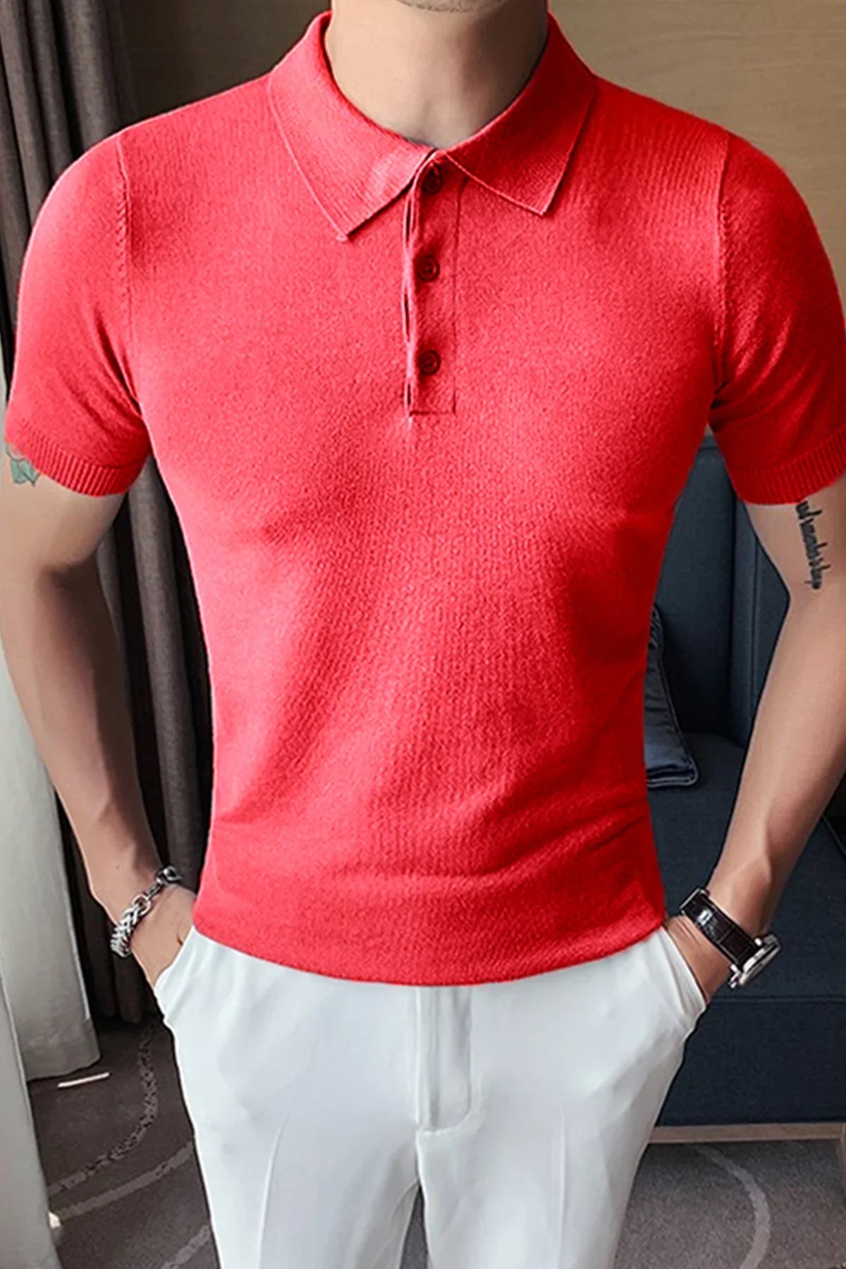 Erkek Polo Yaka Basic Pamuk Regular Fit Düz Kısa Kollu İnce Triko Tişört - Livio Ferri