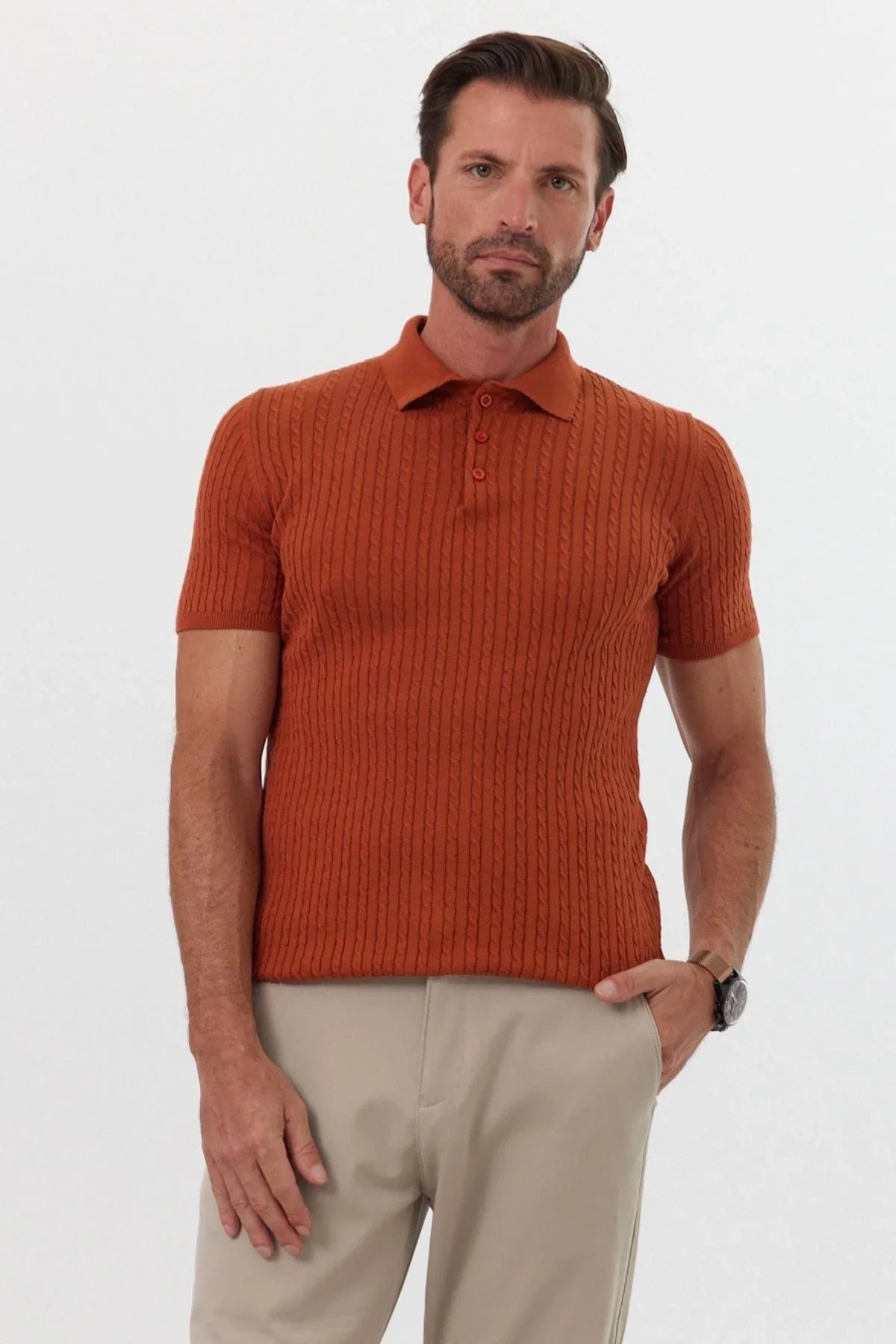 Erkek Polo Yaka Örgü Desenli Kısa Kollu Yazlık Triko Tişört - Livio Ferri