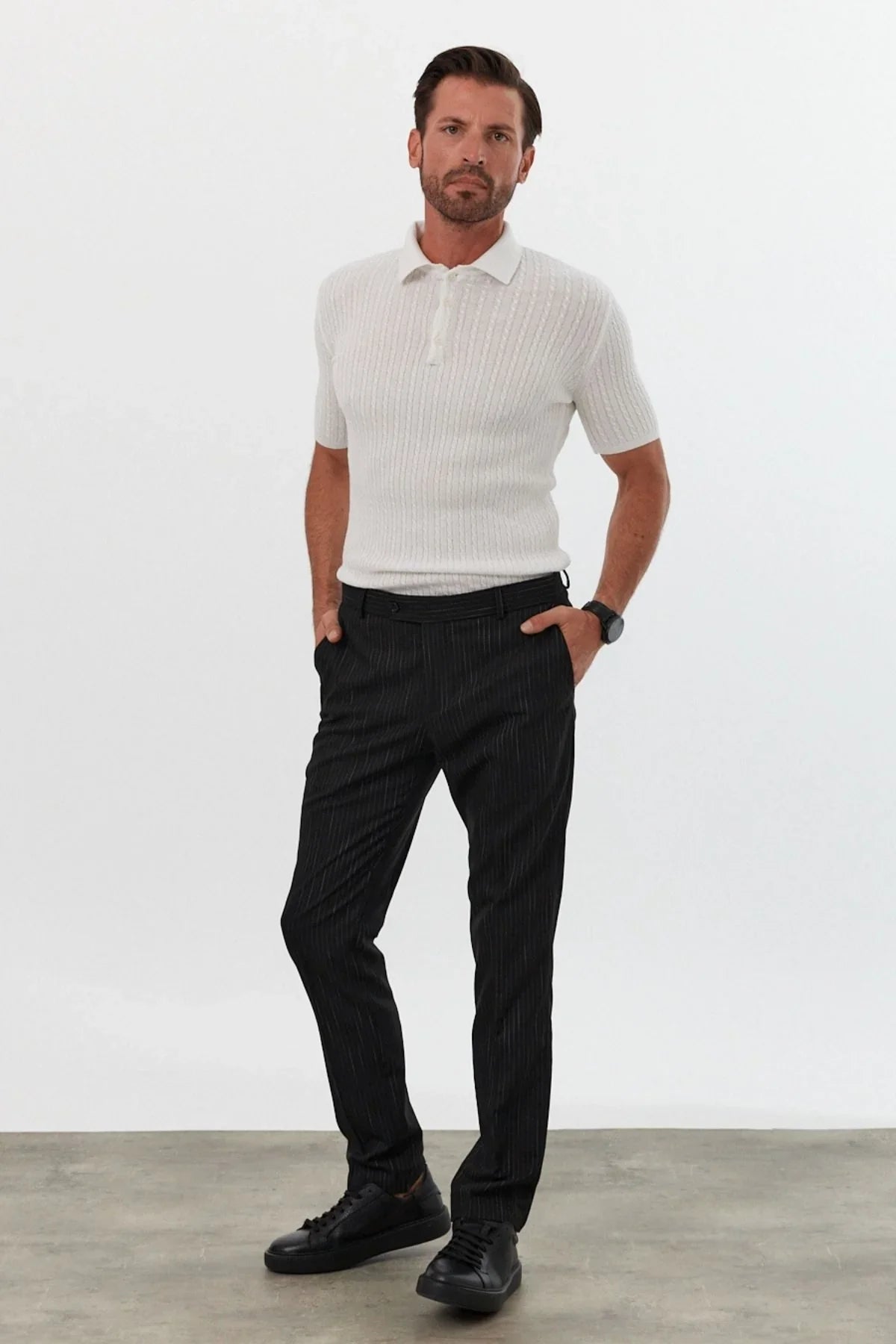 Erkek Polo Yaka Örgü Desenli Kısa Kollu Yazlık Triko Tişört - Livio Ferri