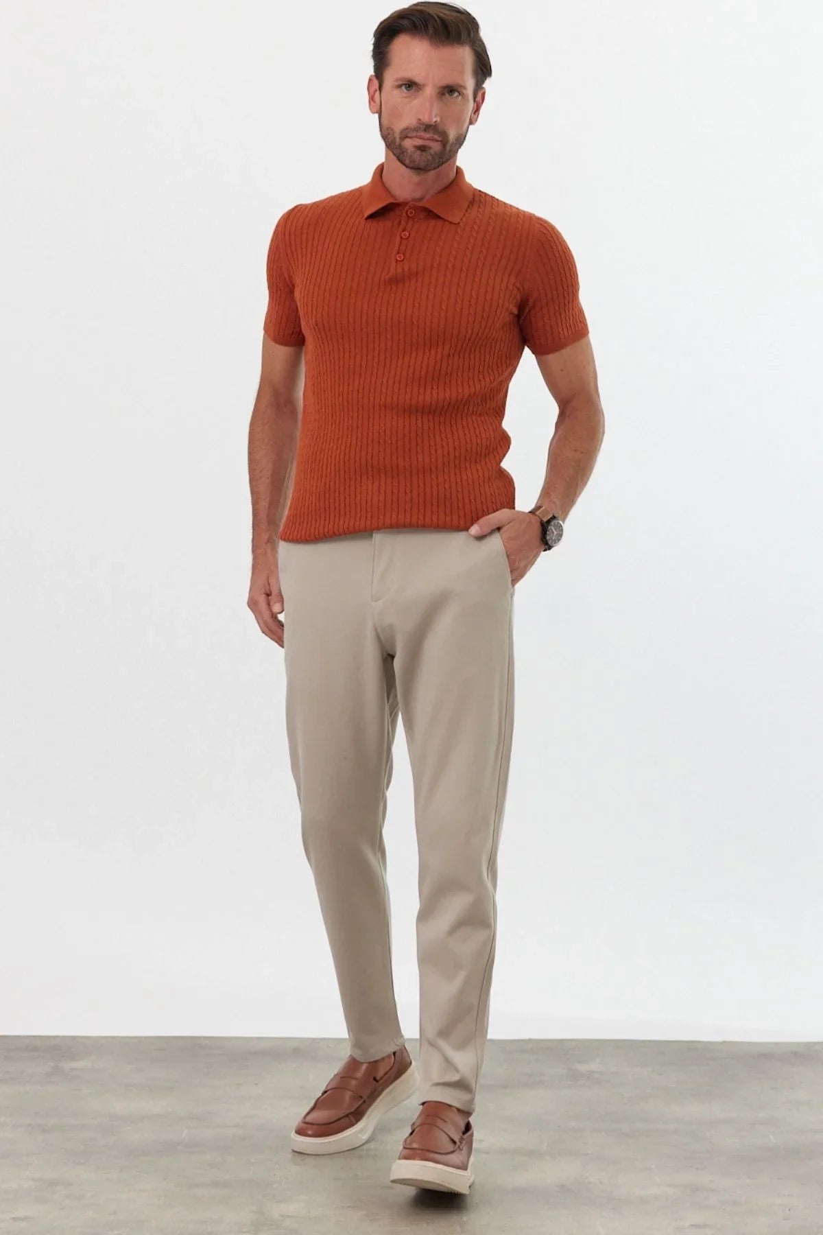 Erkek Polo Yaka Örgü Desenli Kısa Kollu Yazlık Triko Tişört - Livio Ferri