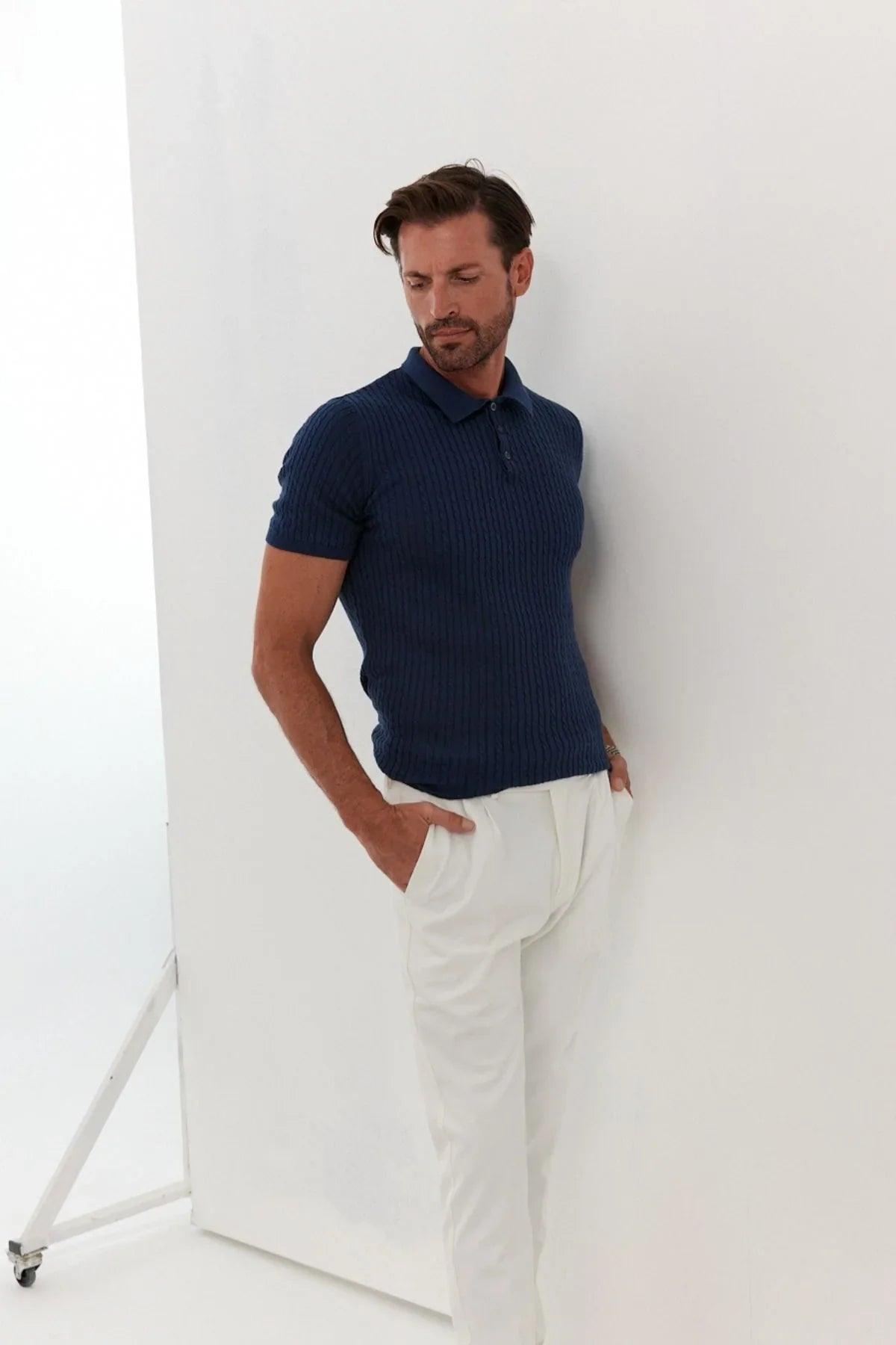 Erkek Polo Yaka Örgü Desenli Kısa Kollu Yazlık Triko Tişört - Livio Ferri