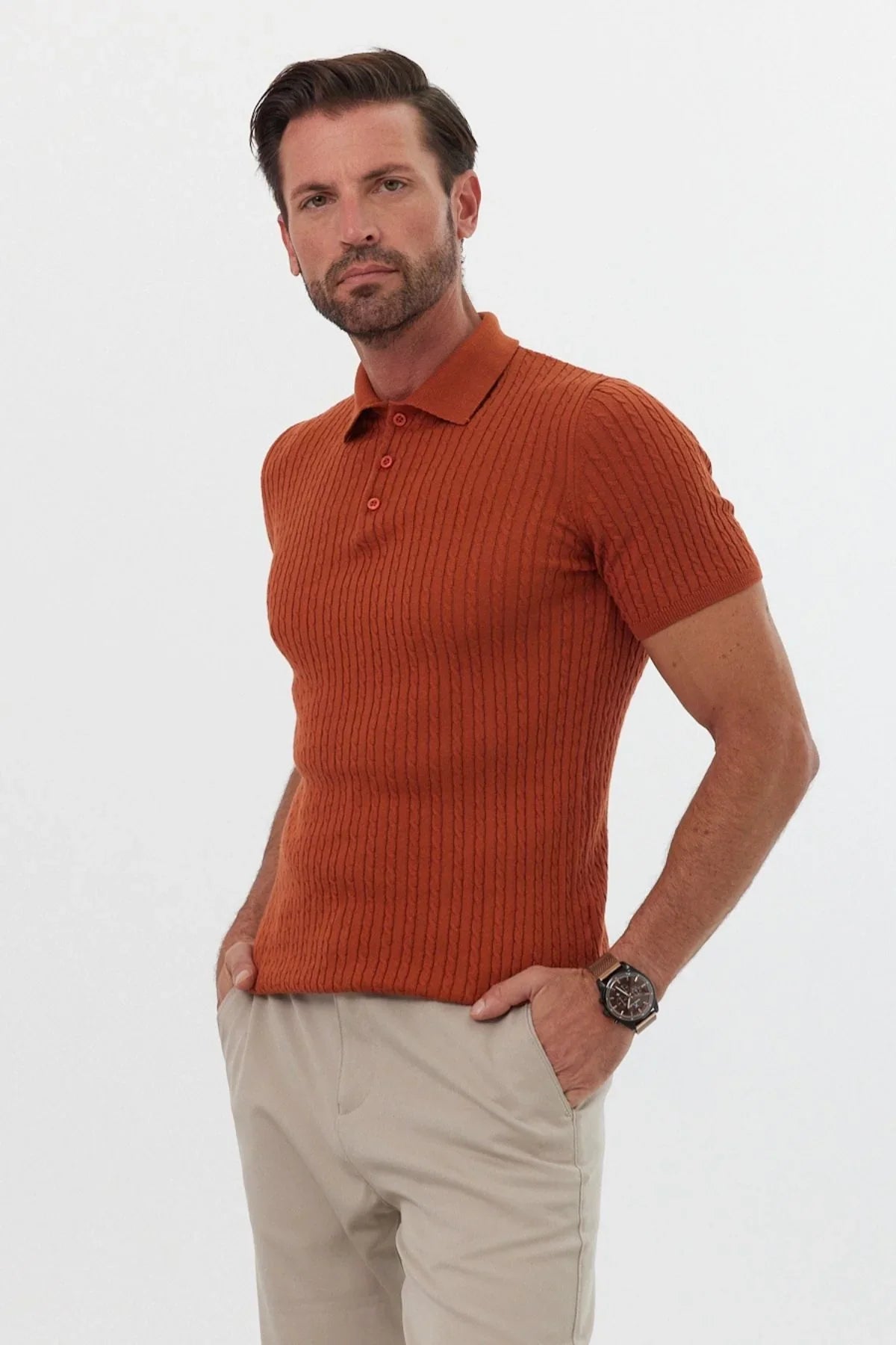 Erkek Polo Yaka Örgü Desenli Kısa Kollu Yazlık Triko Tişört - Livio Ferri