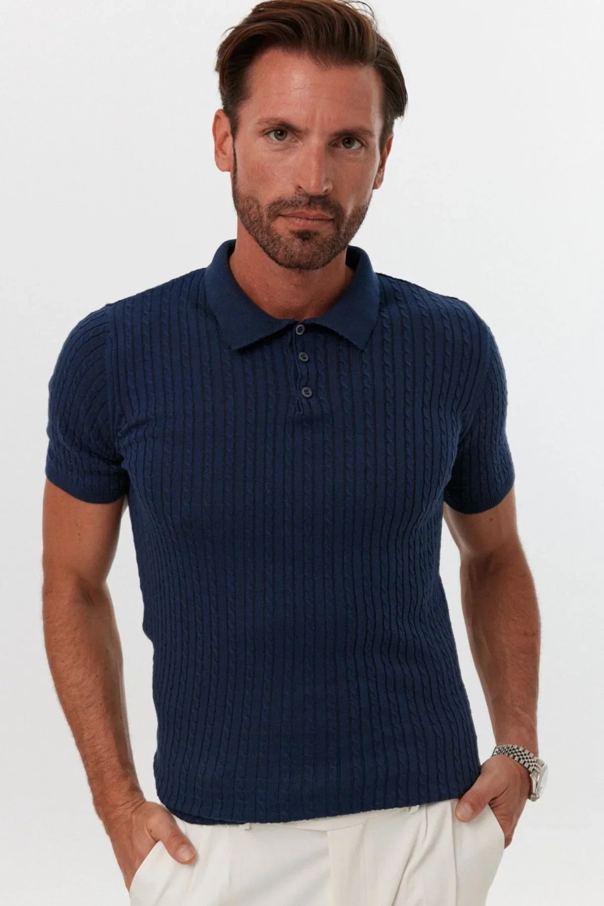 Erkek Polo Yaka Örgü Desenli Kısa Kollu Yazlık Triko Tişört - Livio Ferri