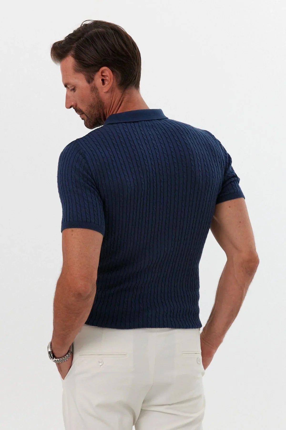 Erkek Polo Yaka Örgü Desenli Kısa Kollu Yazlık Triko Tişört - Livio Ferri