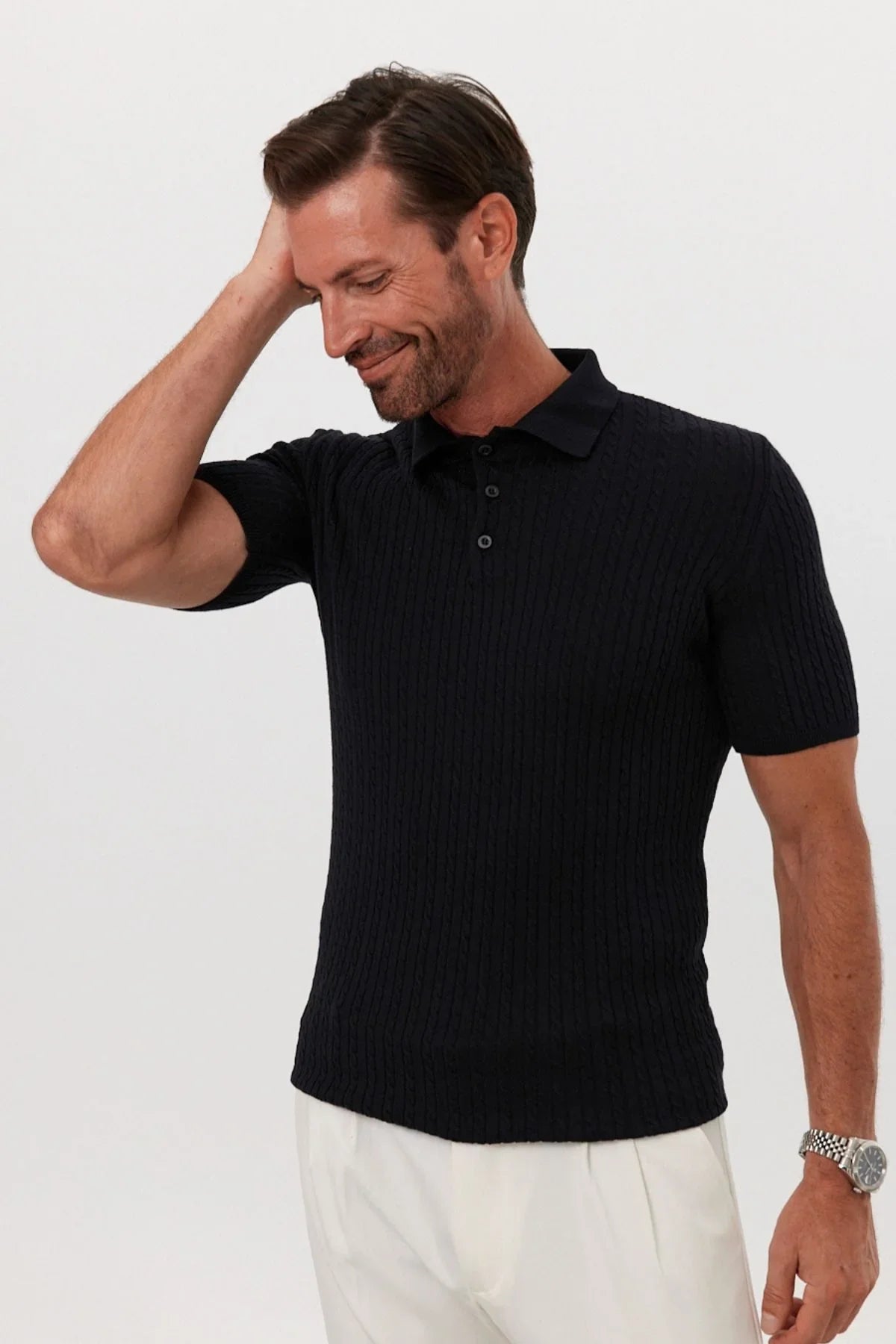 Erkek Polo Yaka Örgü Desenli Kısa Kollu Yazlık Triko Tişört - Livio Ferri