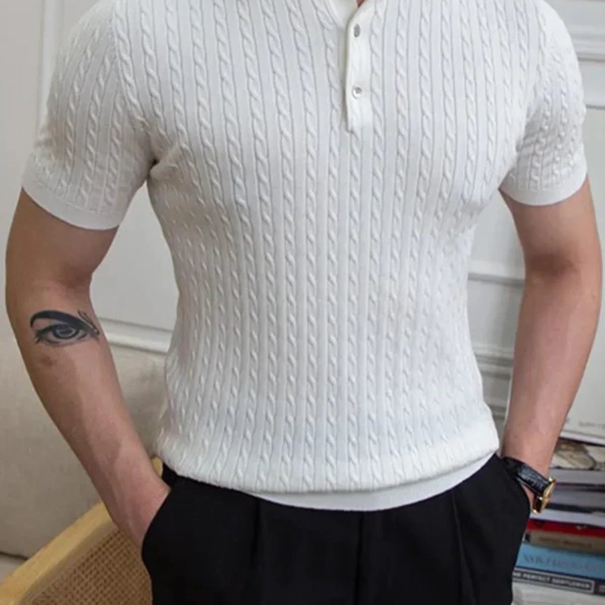 Erkek Polo Yaka Pamuk Saç Örgülü Slim Fit Kısa Kollu İnce Triko Tişört - Livio Ferri
