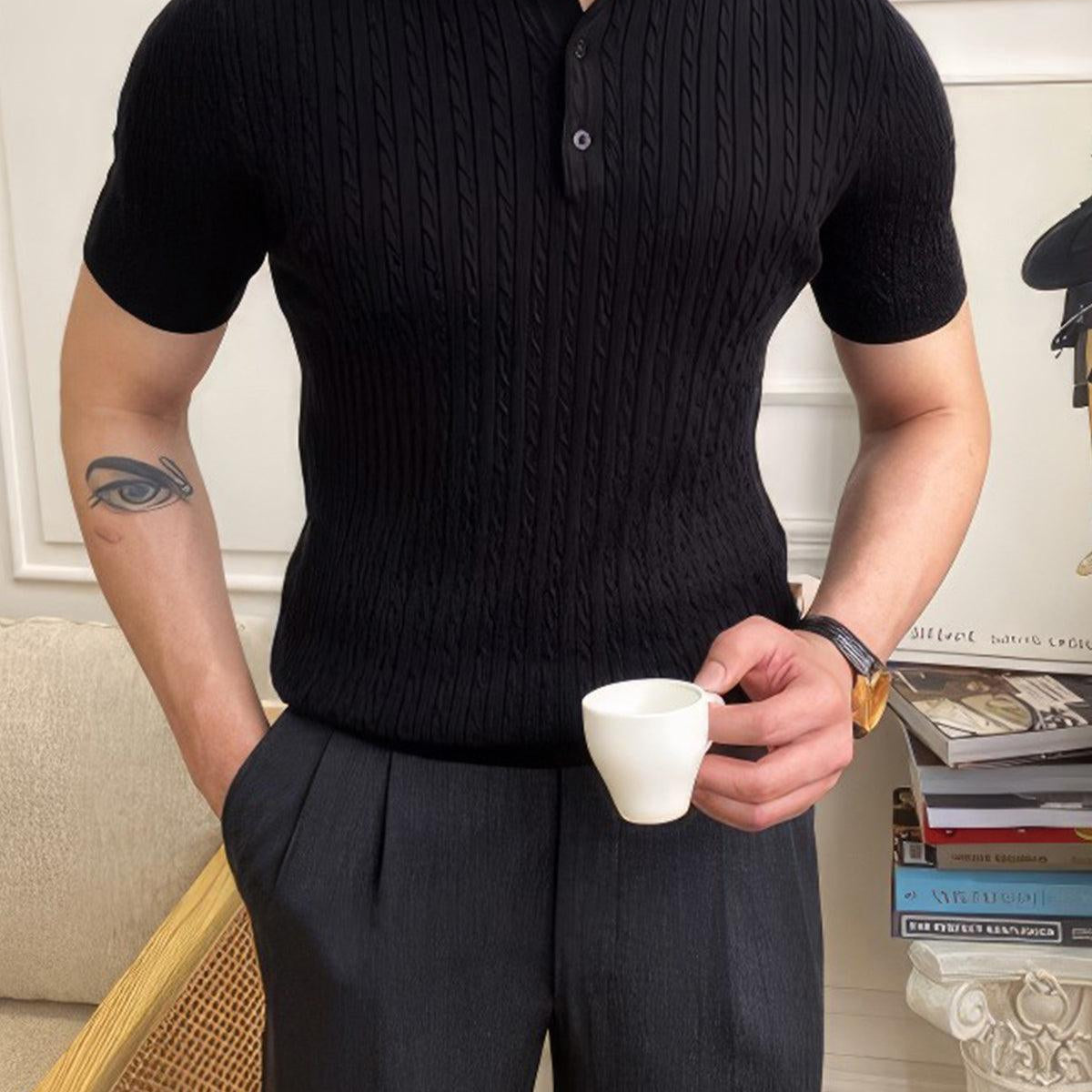 Erkek Polo Yaka Pamuk Saç Örgülü Slim Fit Kısa Kollu İnce Triko Tişört