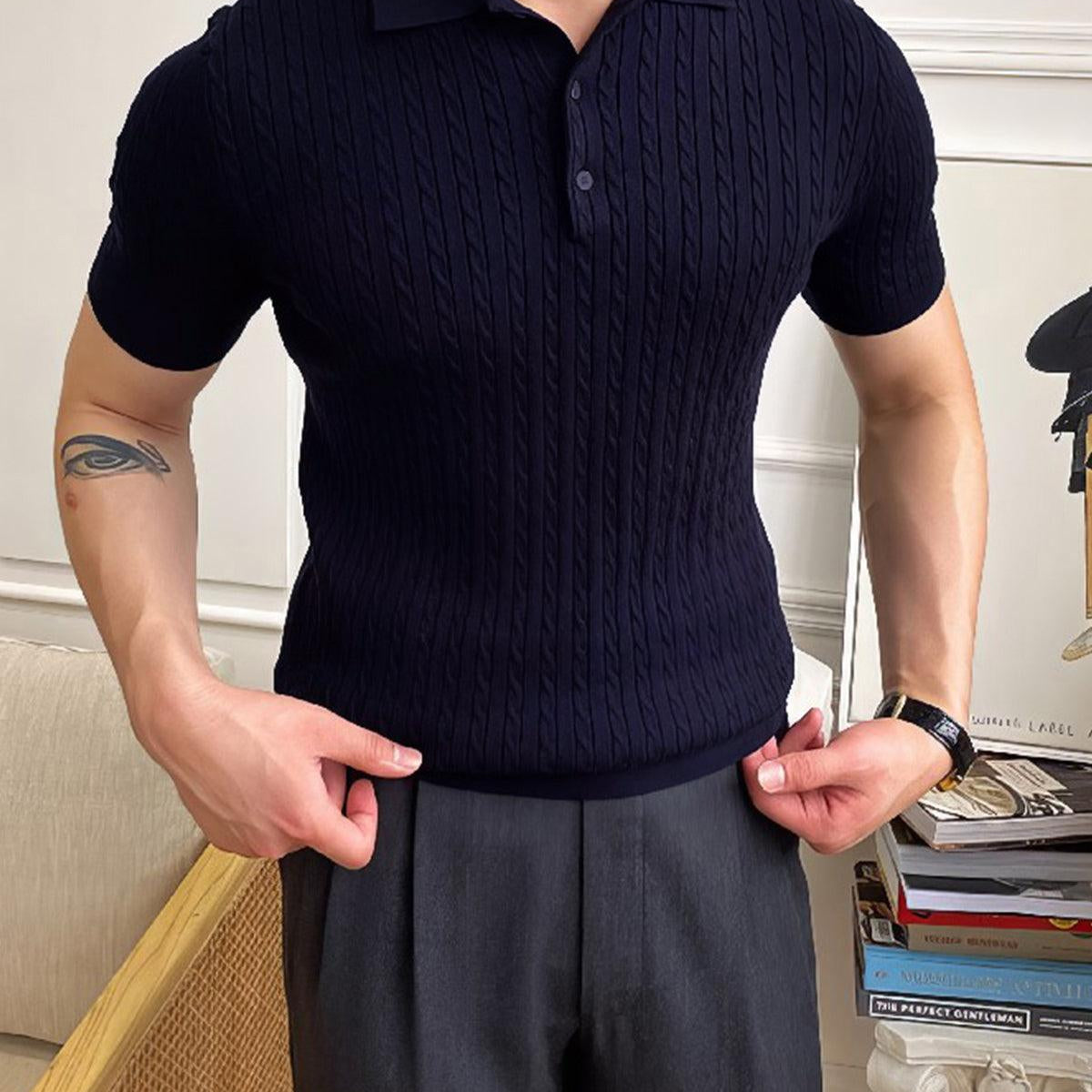 Erkek Polo Yaka Pamuk Saç Örgülü Slim Fit Kısa Kollu İnce Triko Tişört