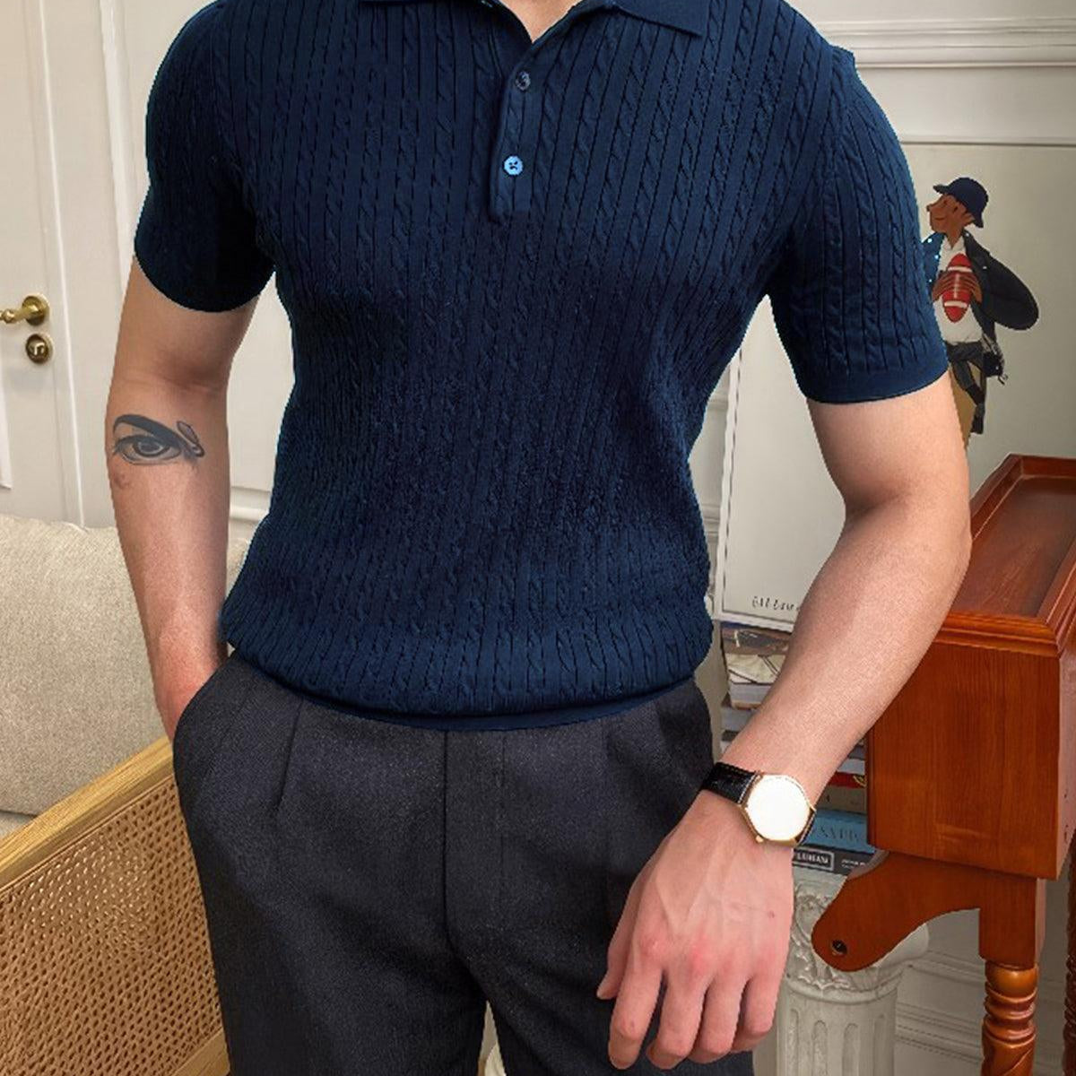 Erkek Polo Yaka Pamuk Saç Örgülü Slim Fit Kısa Kollu İnce Triko Tişört