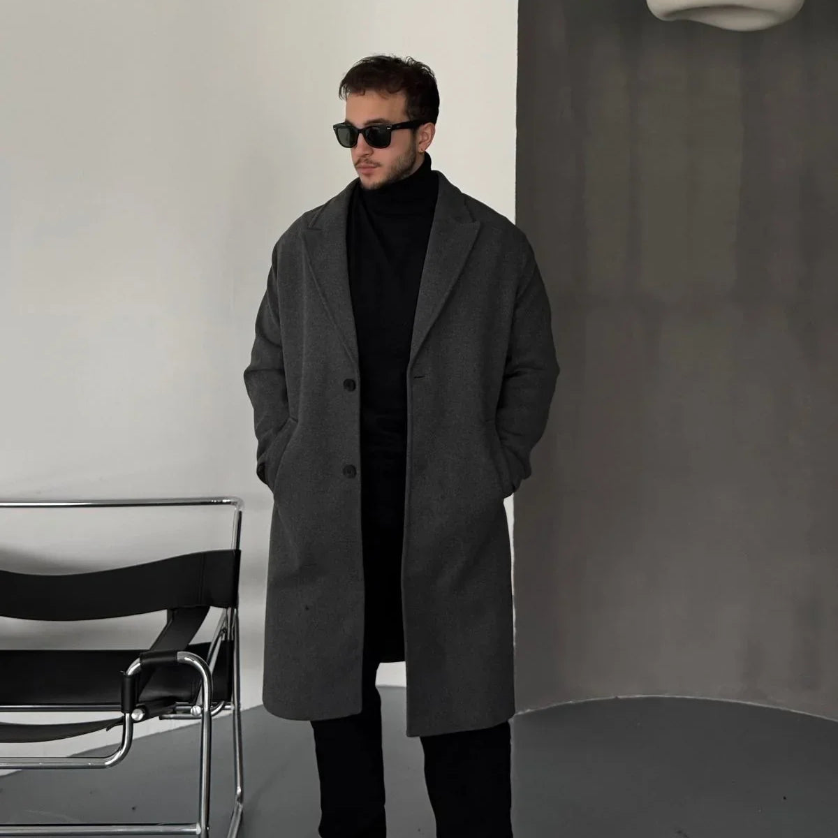 Erkek Regular Fit Düğmeli Cepli Kışlık Astarlı Klasik Uzun Kaşe Kaban - Livio Ferri