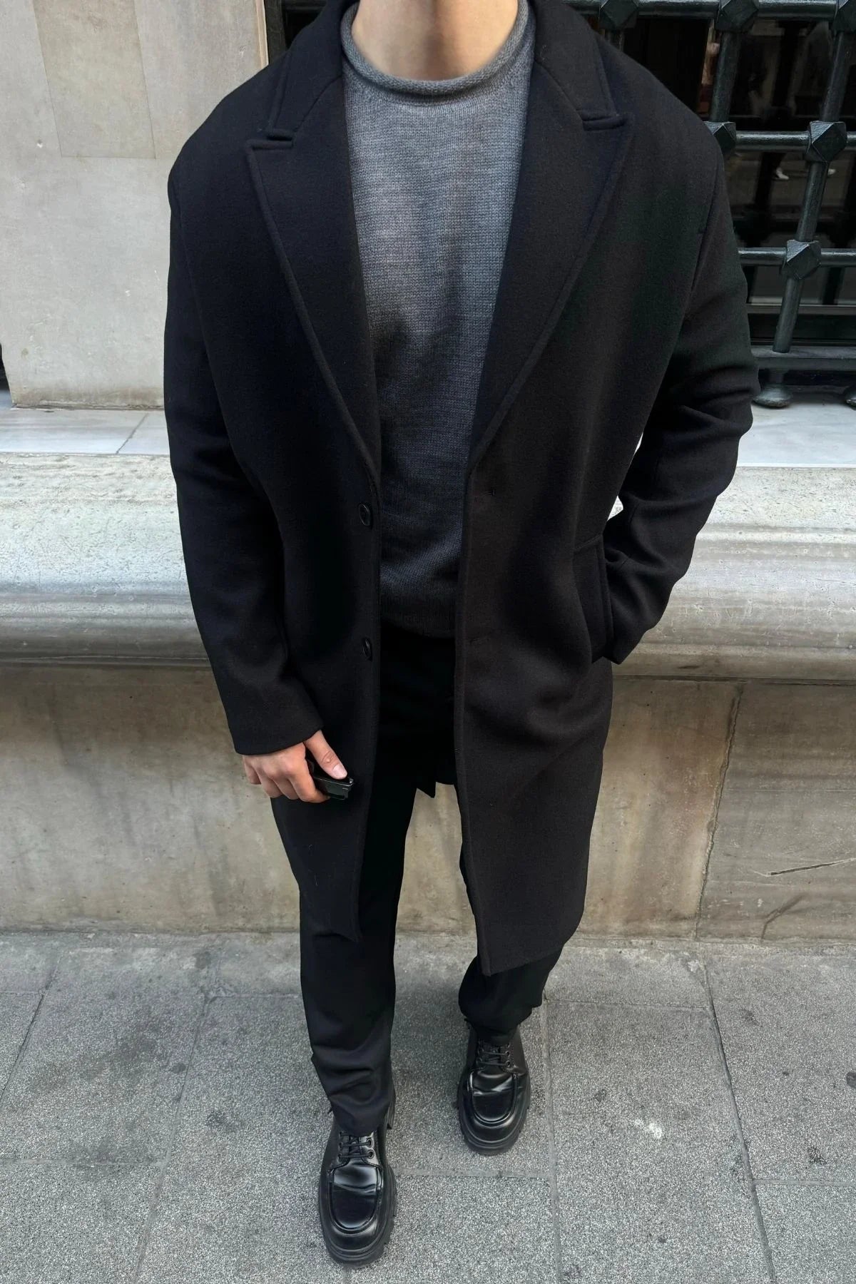 Erkek Regular Fit Düğmeli Cepli Kışlık Astarlı Klasik Uzun Kaşe Kaban - Livio Ferri